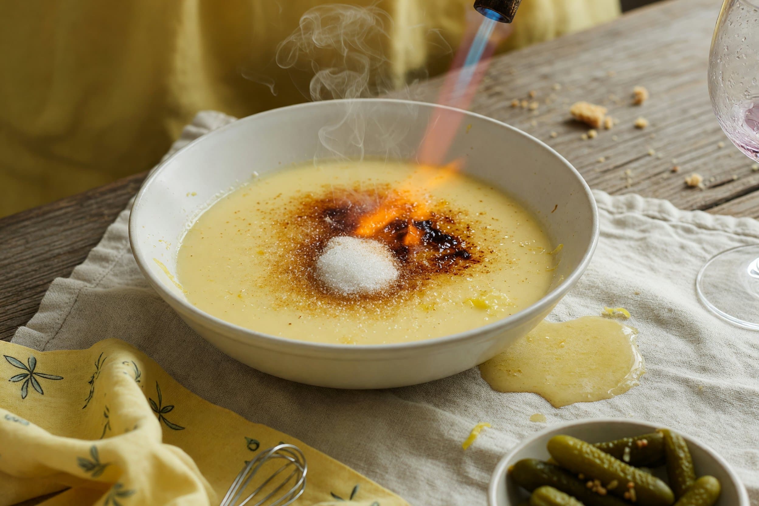 Add a small amount of sugar to the top of the lemon and using a blow torch toast while preparing Easy Lemon Posset