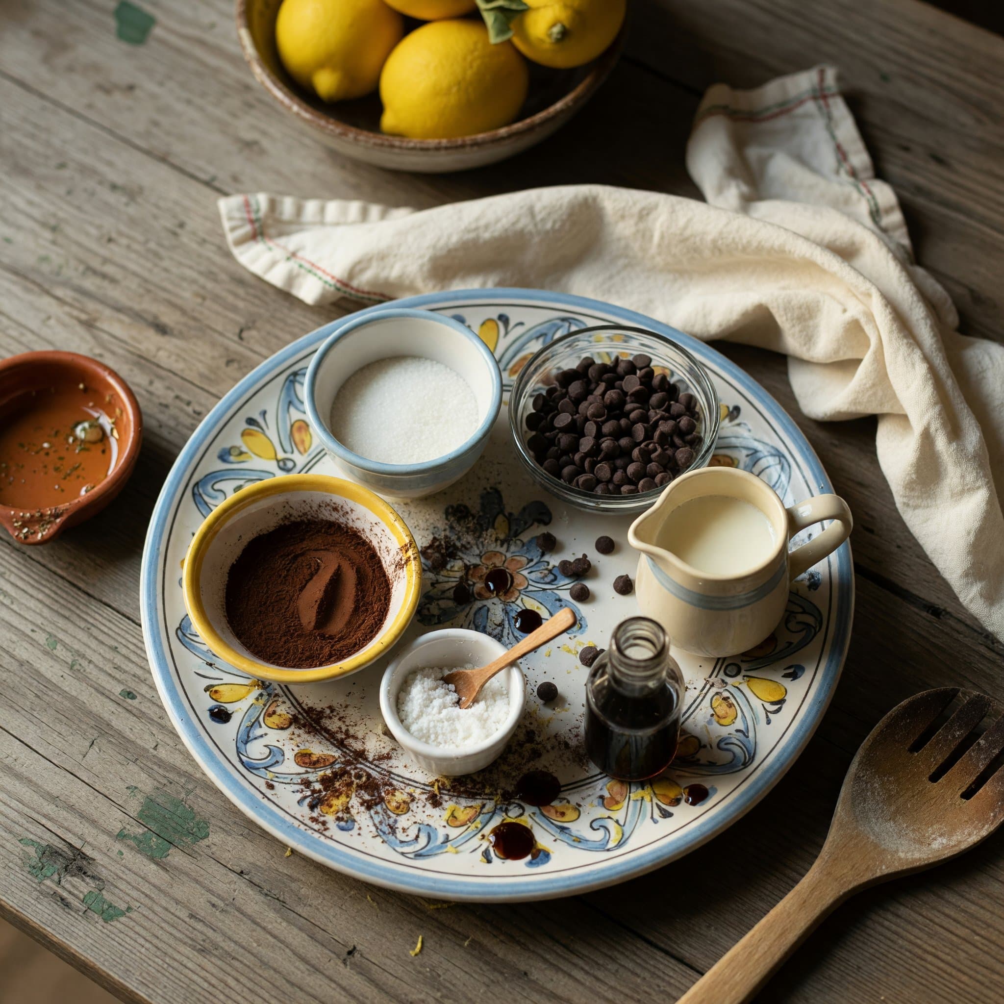 Overhead view of Milk, Granulated Sugar, Cornstarch, Vanilla Extract, Chocolate Chips and Cocoa Powder arranged on a table