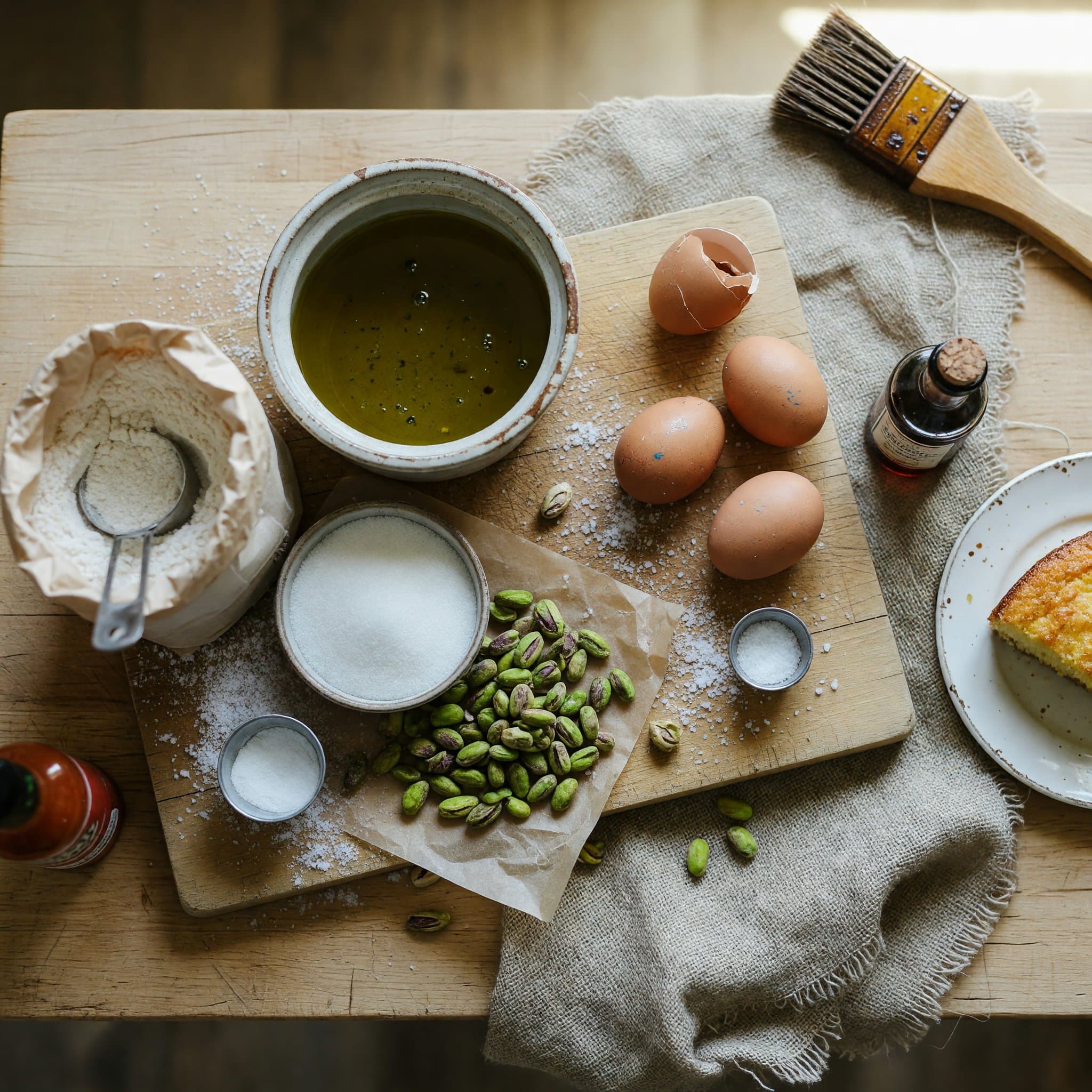 Overhead view of Extra Virgin Olive Oil, All-Purpose Flour, Granulated Sugar, Pistachios, Baking Powder, Salt, eggs and Vanilla Extract arranged on a table