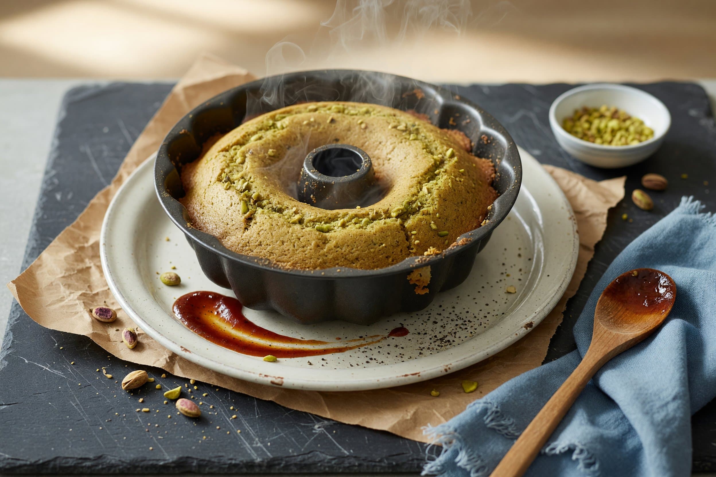 Let your cake sit in the Bundt pan after it bakes for 10 minutes before transfer while preparing Pistachio Olive Oil Bundt Cake