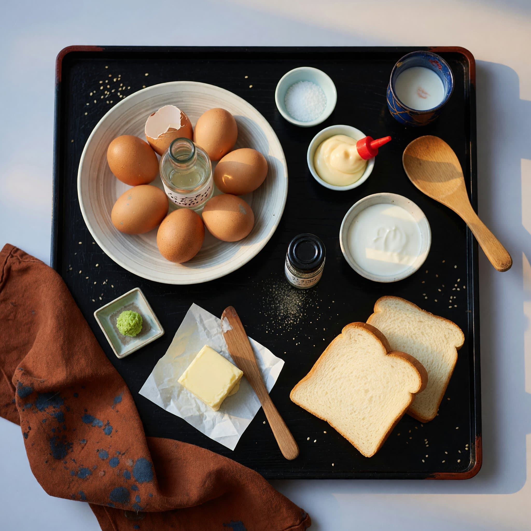Overhead view of eggs (large), White Vinegar, Salt, Kewpie Mayonnaise, Heavy Cream, Black Pepper, Milk Bread (or brioche) and butter (soft spreadable ) arranged on a table