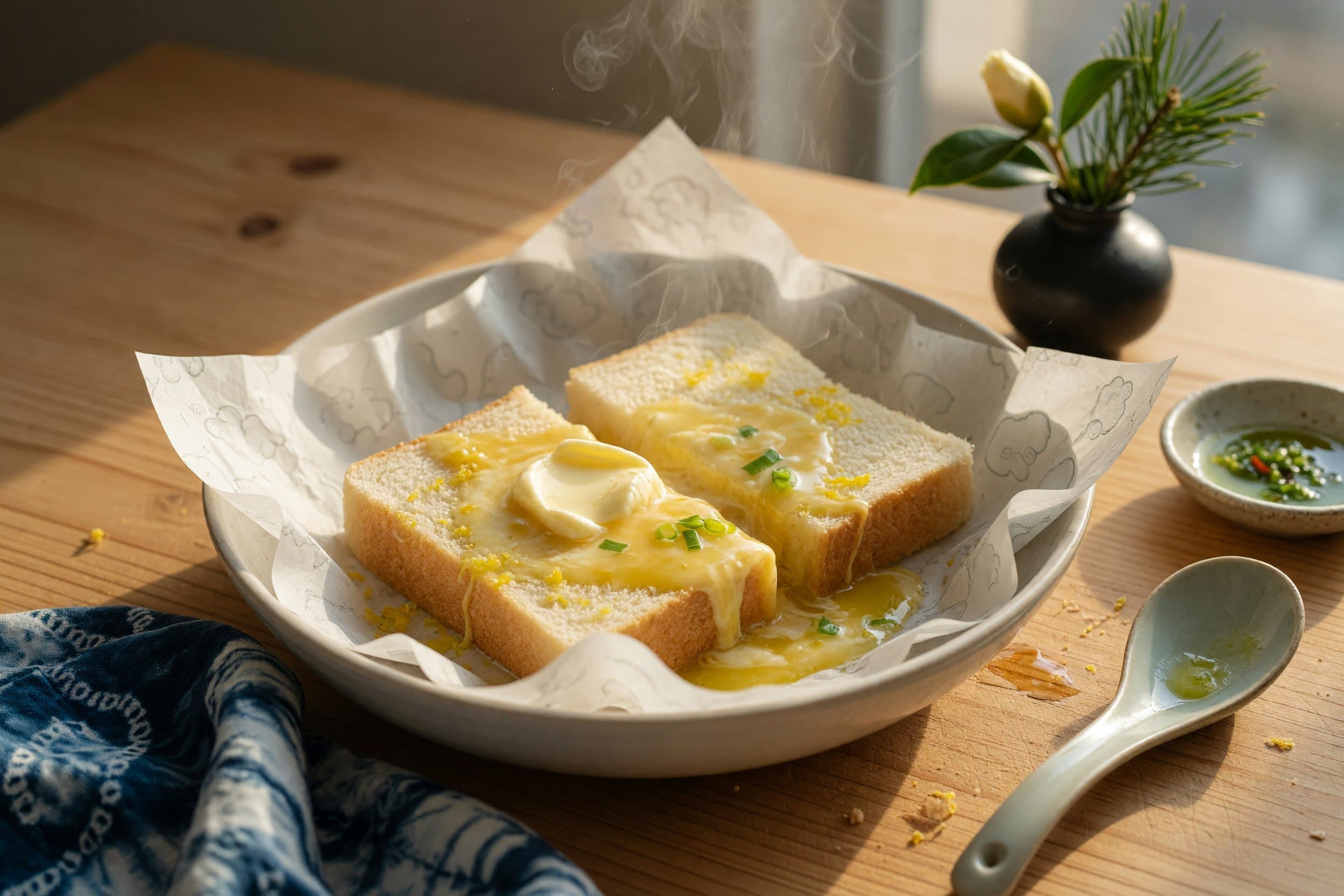To some sliced bread add some butter and your egg mixture while preparing Japanese Egg Sandwiches