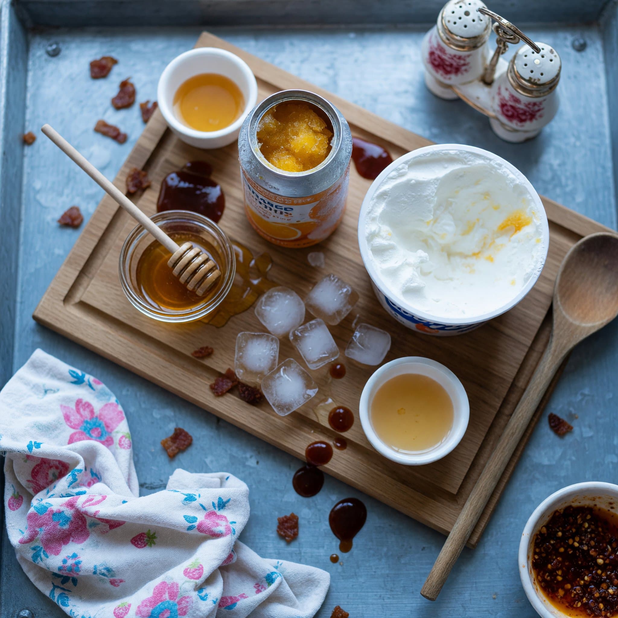 Overhead view of Frozen Orange Juice Concentrate, Frozen Cool Whip, Honey and Ice arranged on a table