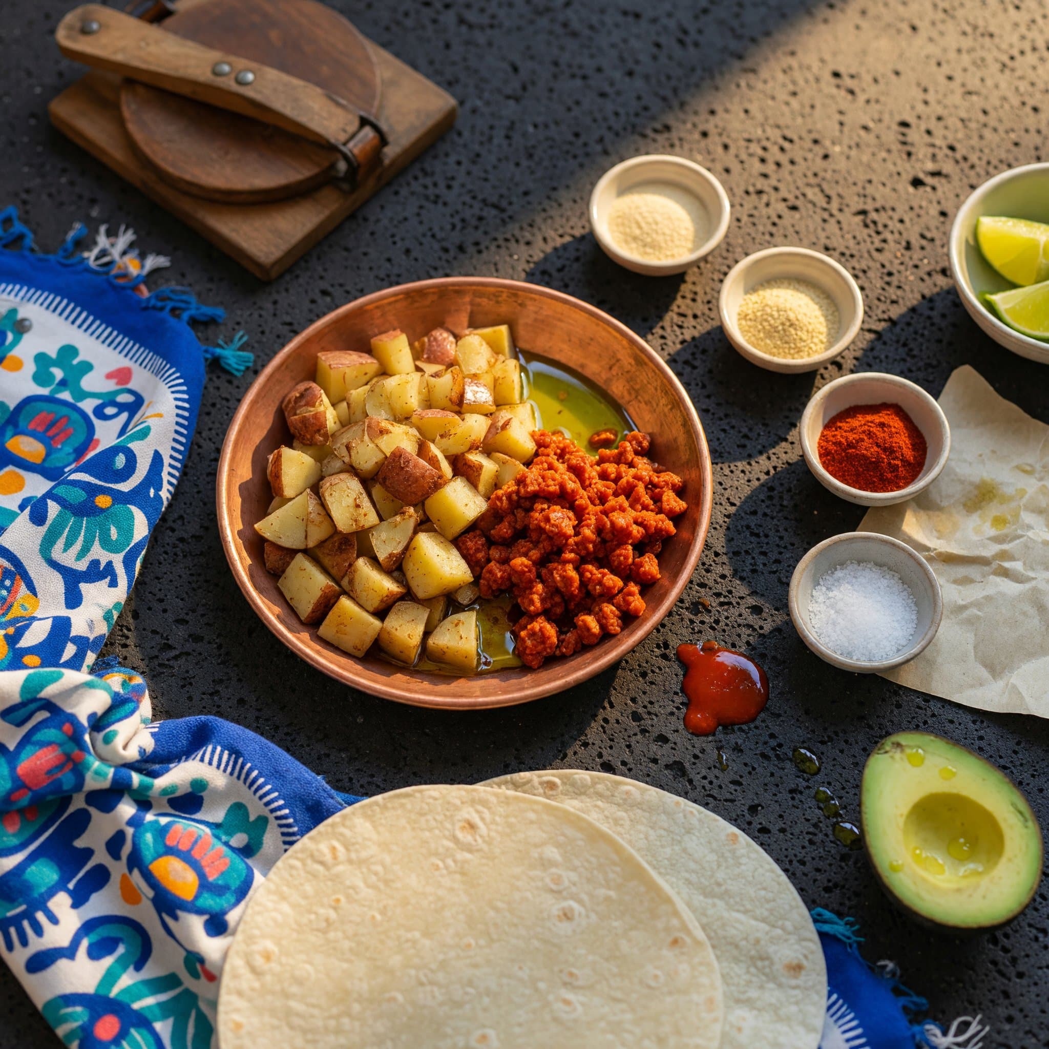 Overhead view of diced russet potatoes, Garlic Powder, Onion Powder, Paprika, Salt, Olive Oil, Tortillas (large burrito size) and Chorizo arranged on a table