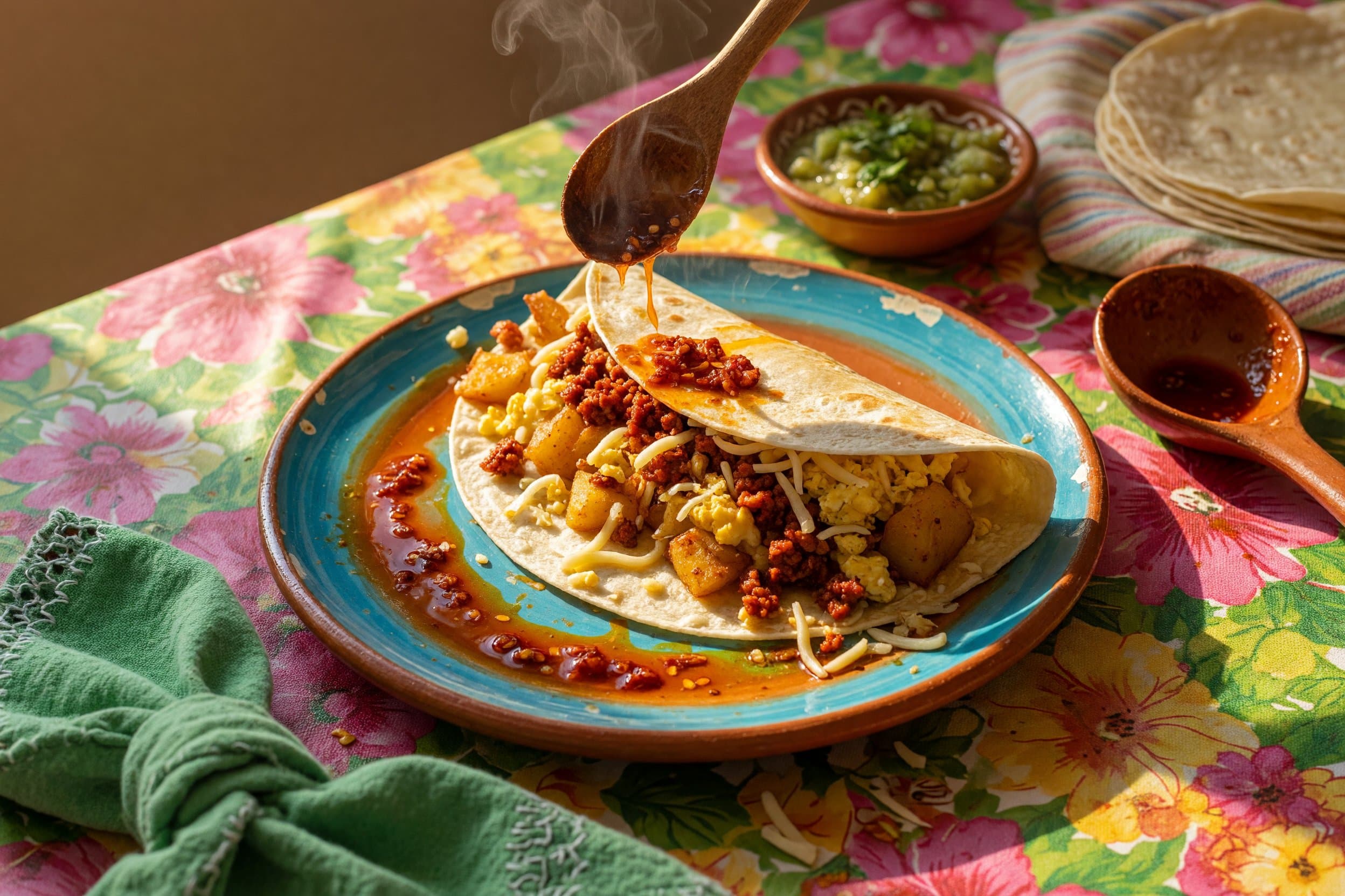 Assemble your burrito of potatoes, chorizo, eggs and cheese and roll tightly and while preparing Mexican Breakfast Burritos