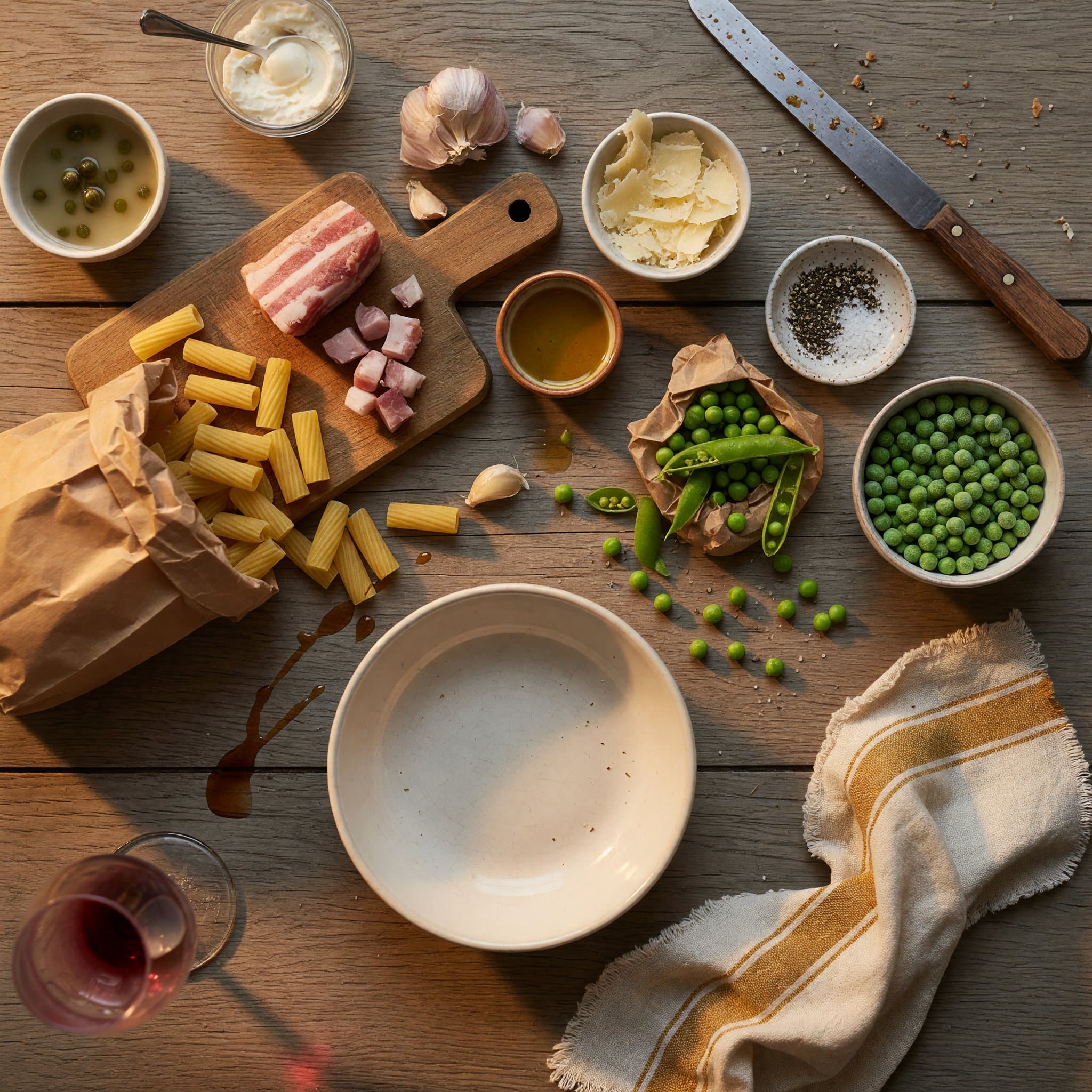 Overhead view of Pasta, Garlic, Heavy Cream, Peas, Parmesan Cheese, Pancetta and Olive Oil arranged on a table