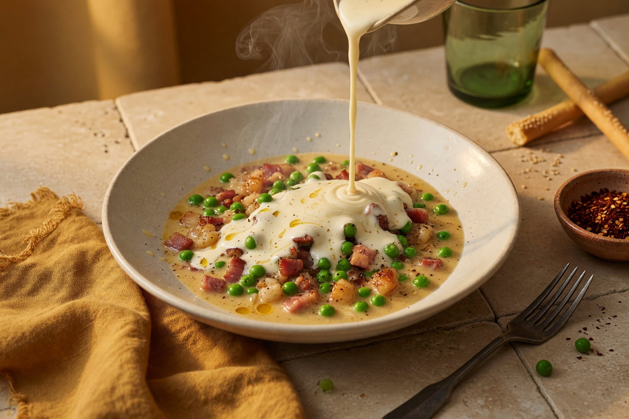 Follow in with your heavy cream and bring to a VERY light simmer while preparing Pasta With Pancetta & Peas