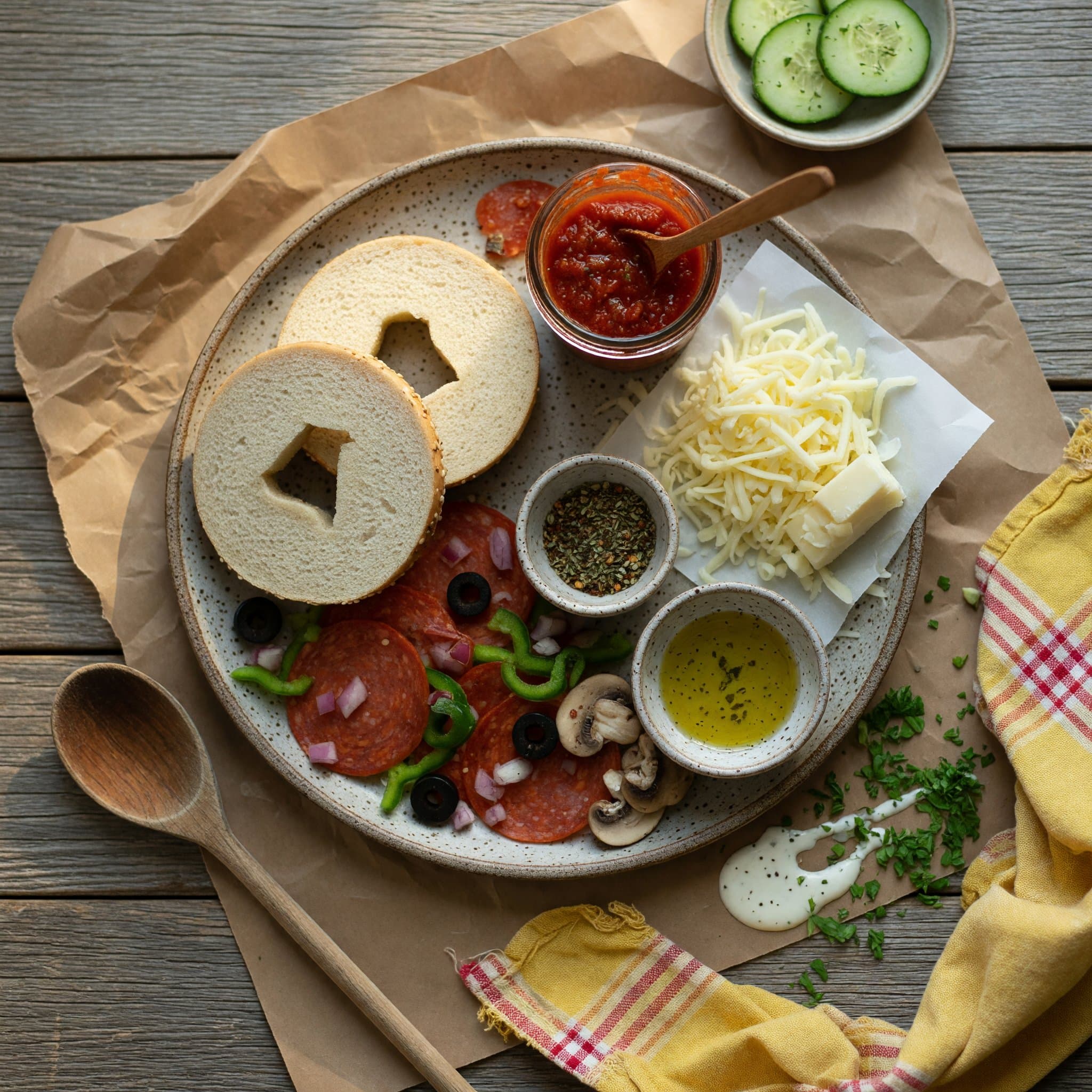 Overhead view of bagels, Pizza Sauce, Mozzarella Cheese and Pizza Toppings arranged on a table