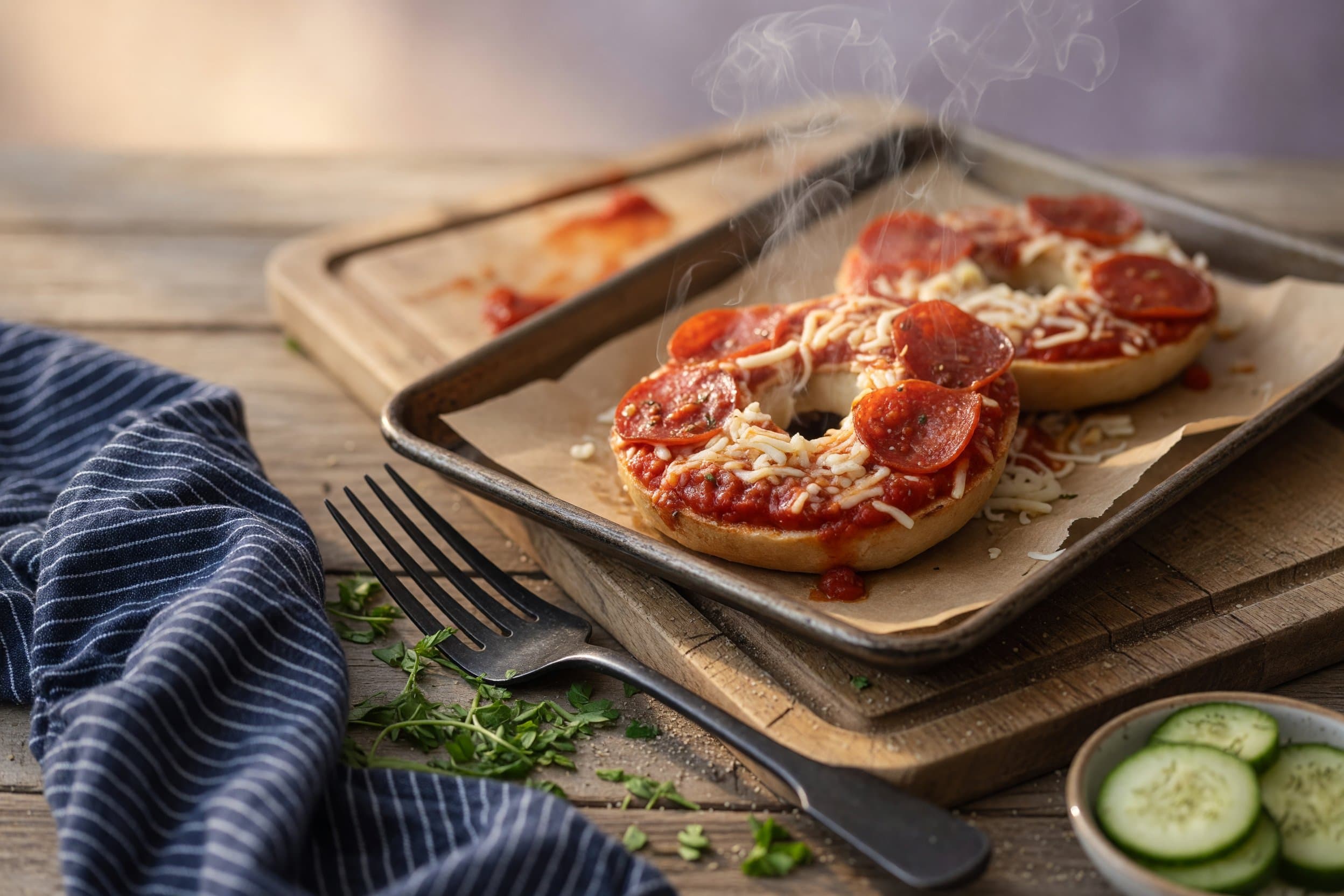 Place in the oven at 400°F for 5 minutes while preparing The BEST Pizza Bagel Recipe