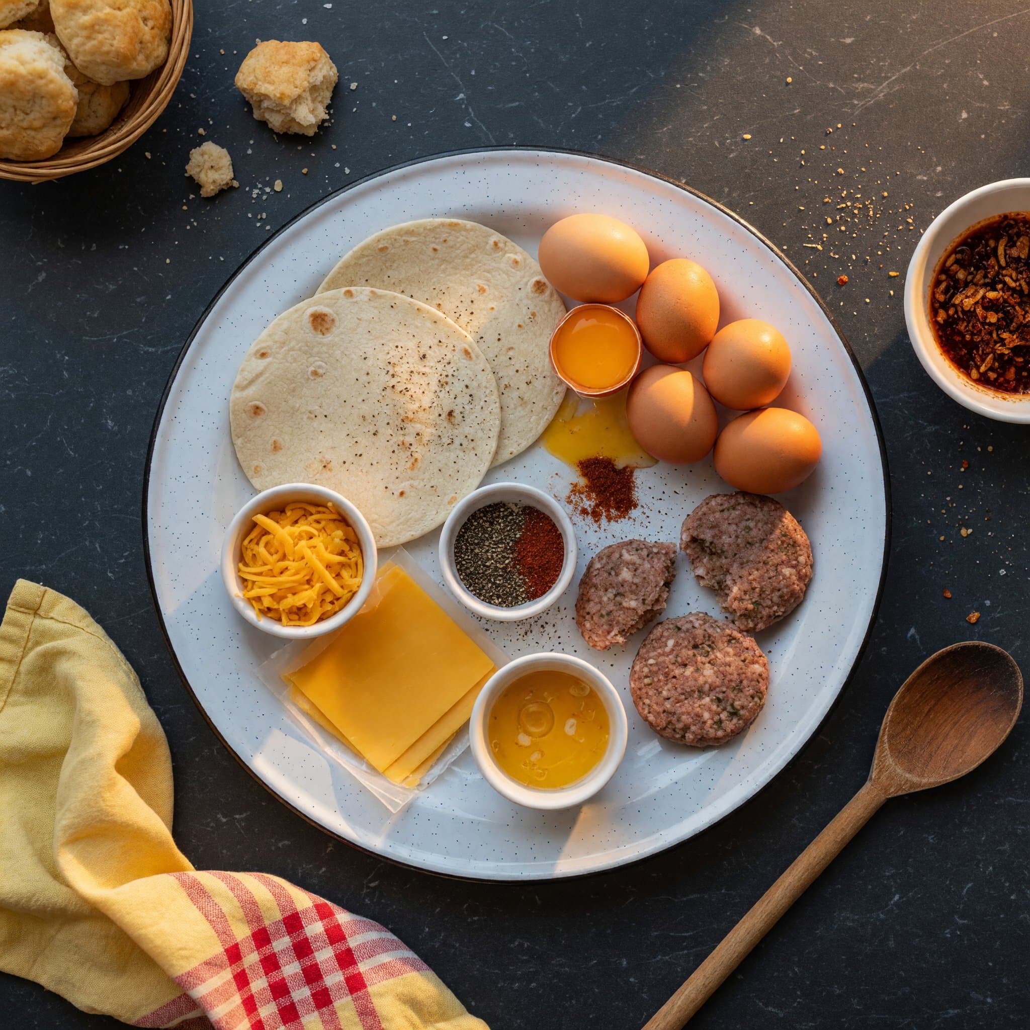 Overhead view of Flour Tortillas, Eggs, Cheese and Breakfast Sausage arranged on a table