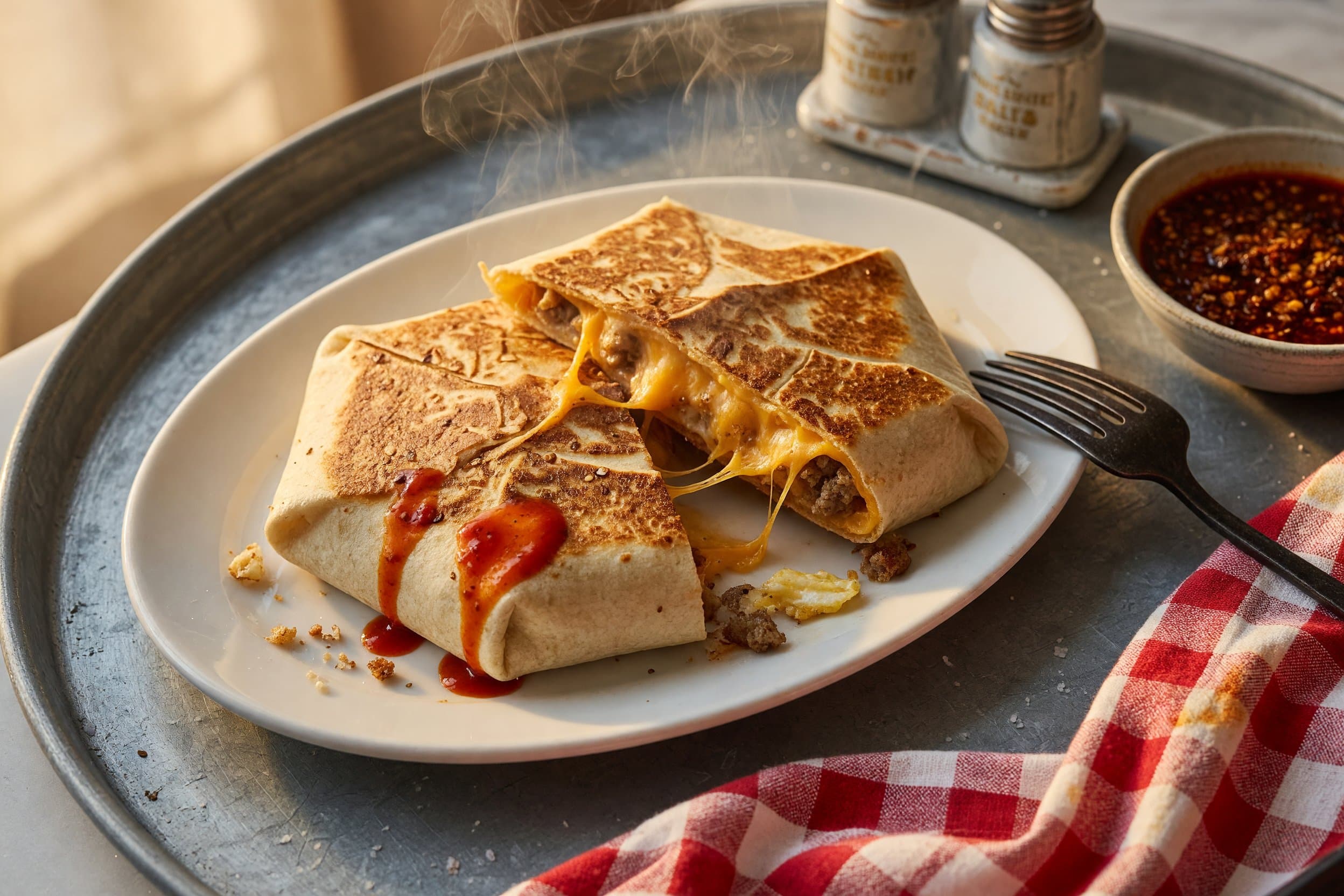 After it's nice and toasty, flip it and toast the other side for an additional 2 while preparing Sausage, Egg & Cheese Breakfast Crunchwraps
