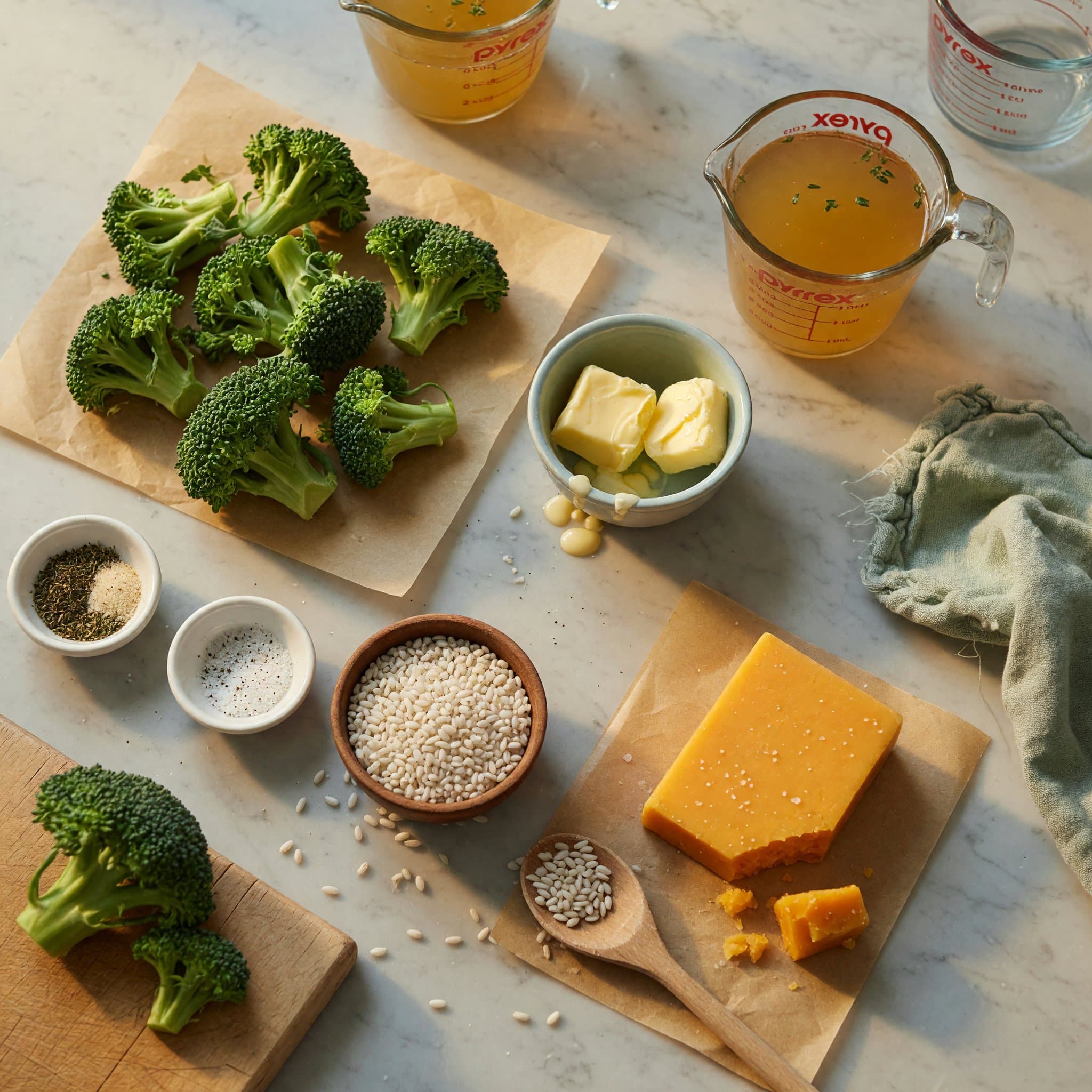 Overhead view of Broccoli Florets, Butter, Chicken Broth, Cheddar Cheese and Arborio Rice arranged on a table