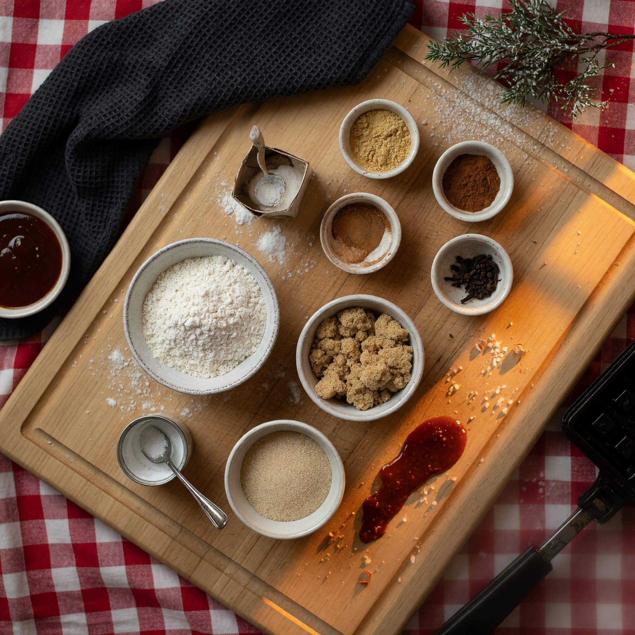 Overhead view of All-Purpose Flour, Light Brown Sugar, Granulated Sugar, Baking Powder, Baking Soda, ginger (ground ), cinnamon (ground ) and cloves (ground ) arranged on a table
