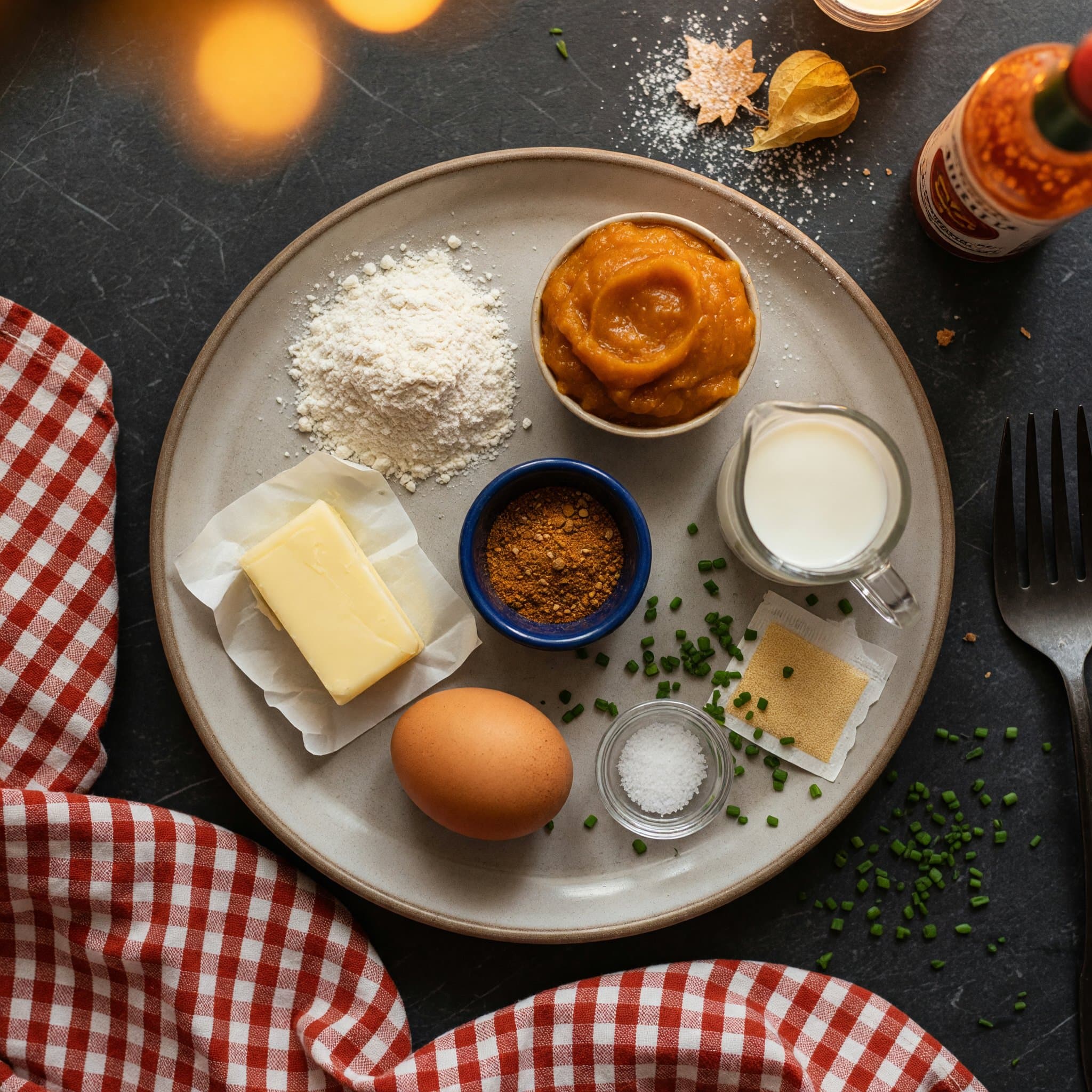 Overhead view of All-Purpose Flour, Pumpkin Puree, Butter, egg, Pumpkin Pie Spice, Whole Milk, Salt and Instant Yeast arranged on a table