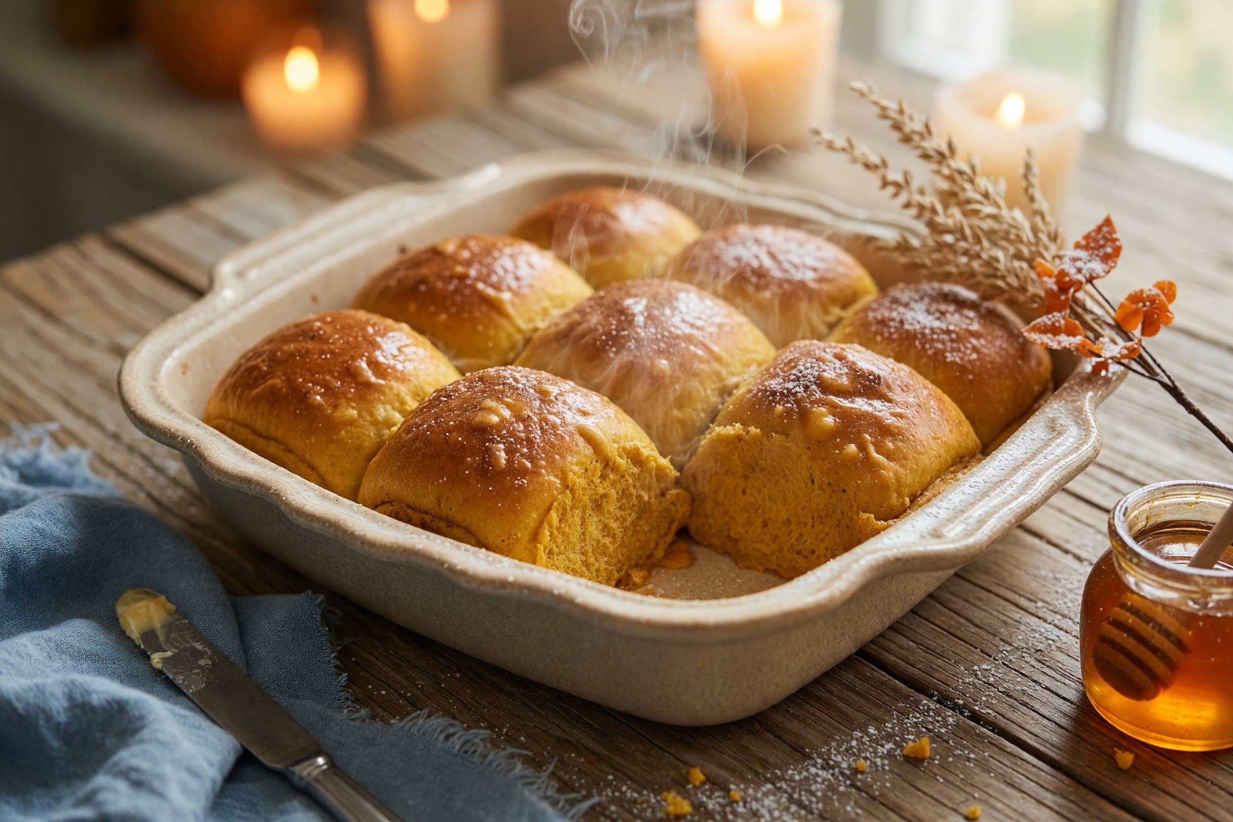 Let rolls cool for 4 minutes before removing from the baking dish and enjoying t while preparing Super Squishy Pumpkin Dinner Rolls