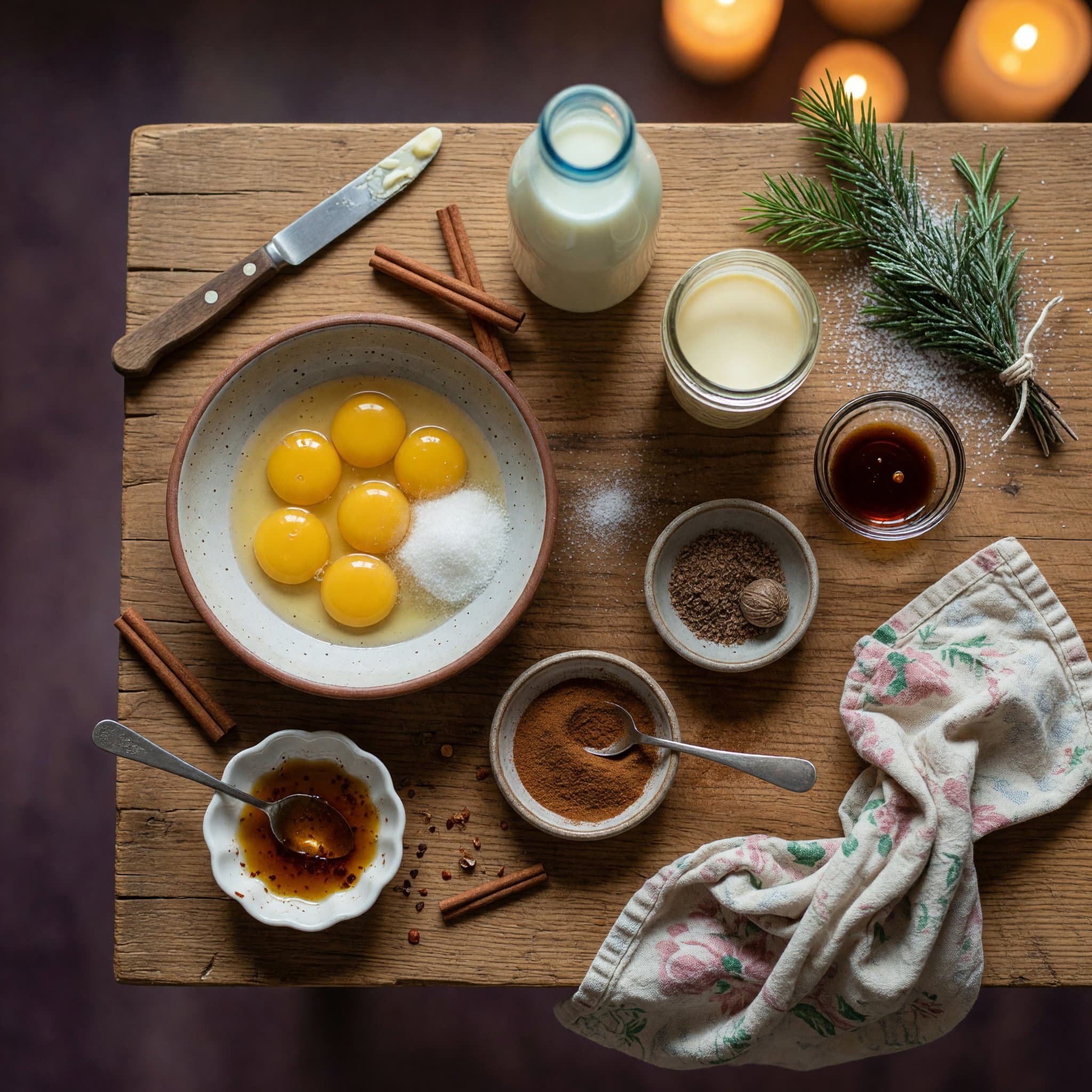 Overhead view of Whole Milk, Heavy Cream, egg yolks, Granulated Sugar, cinnamon stick, Nutmeg, Vanilla Extract and cinnamon + more for topping. arranged on a table
