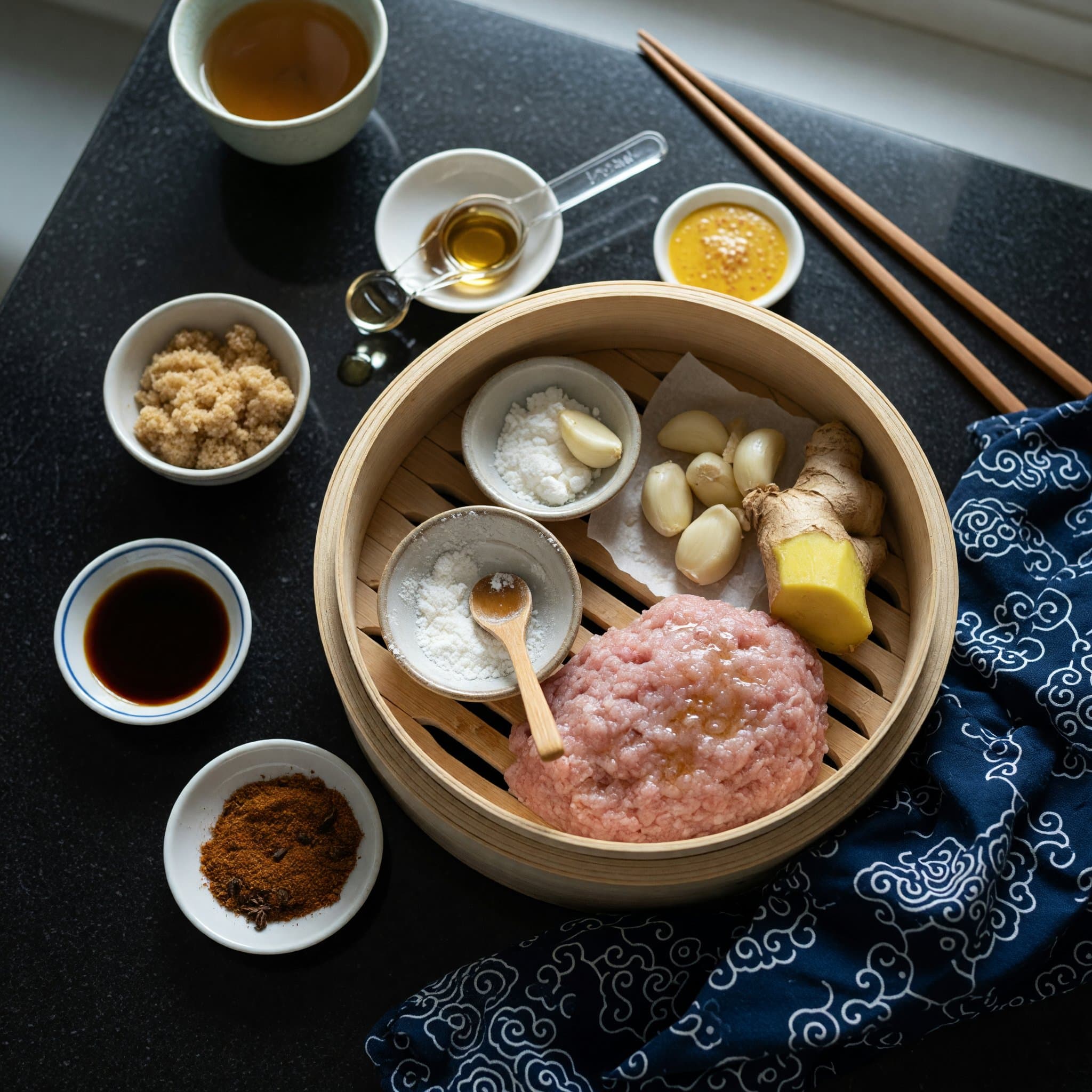 Overhead view of Ground Pork, Garlic, Fresh Ginger, Cornstarch, Light Brown Sugar, Soy Sauce, Five Spice Powder and Neutral Oil arranged on a table