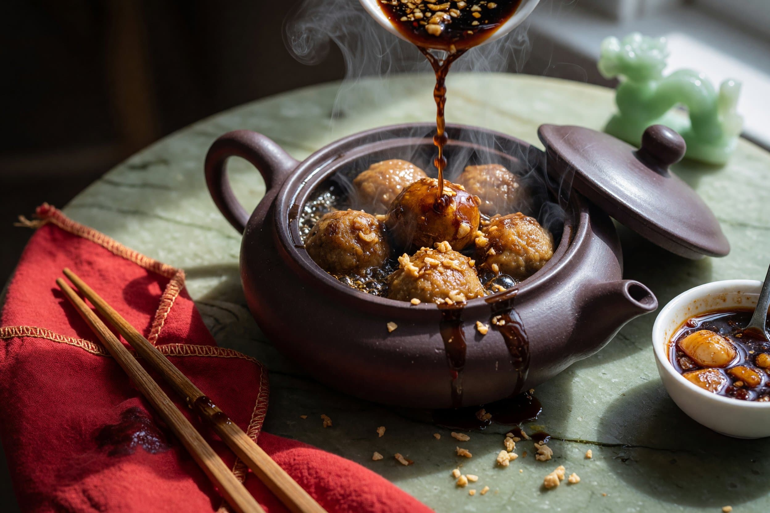 Whilst your meatballs are searing coming all your sauce ingredients in a sauce p while preparing Chinese Pork Meatballs