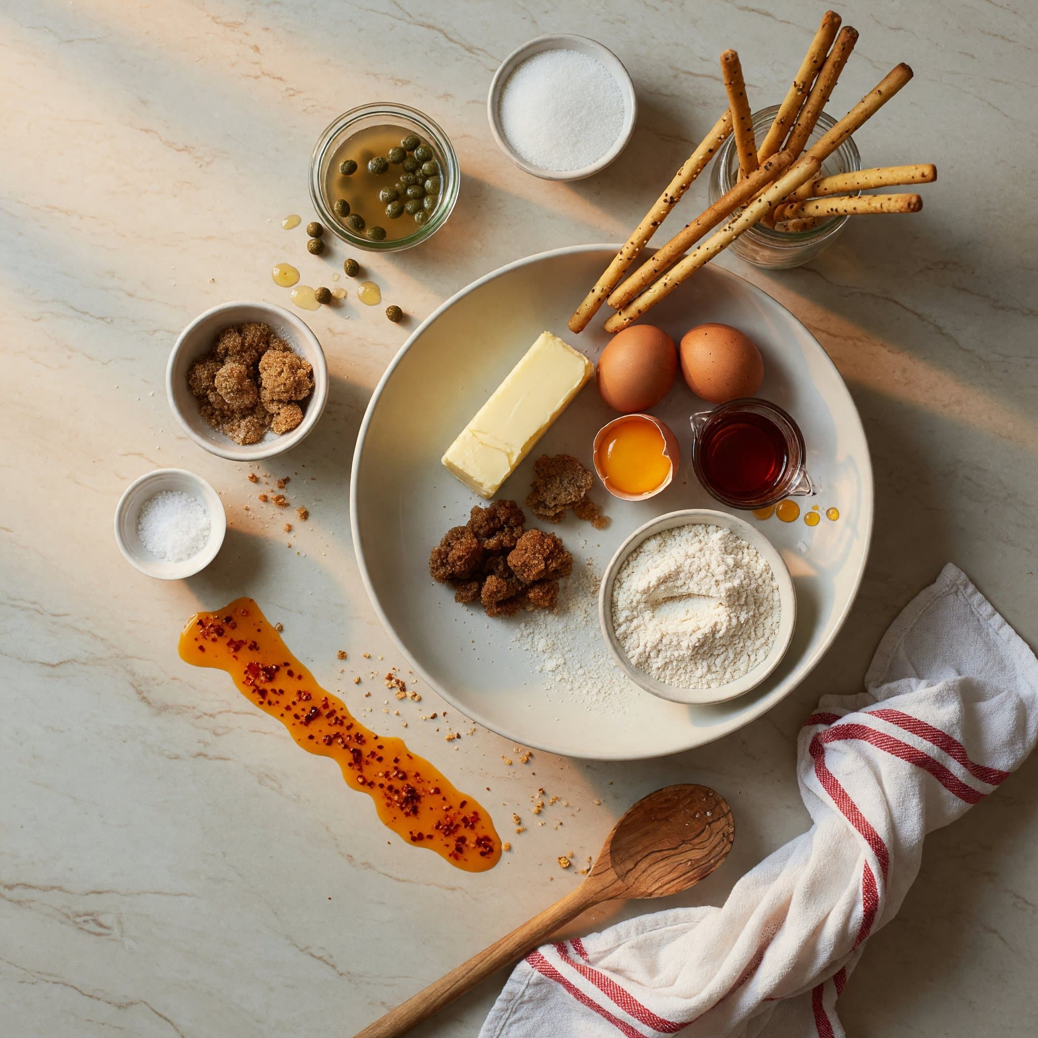 Overhead view of Butter, egg, egg yolk, Vanilla Extract, brown sugar, sugar, All-Purpose Flour and Salt arranged on a table
