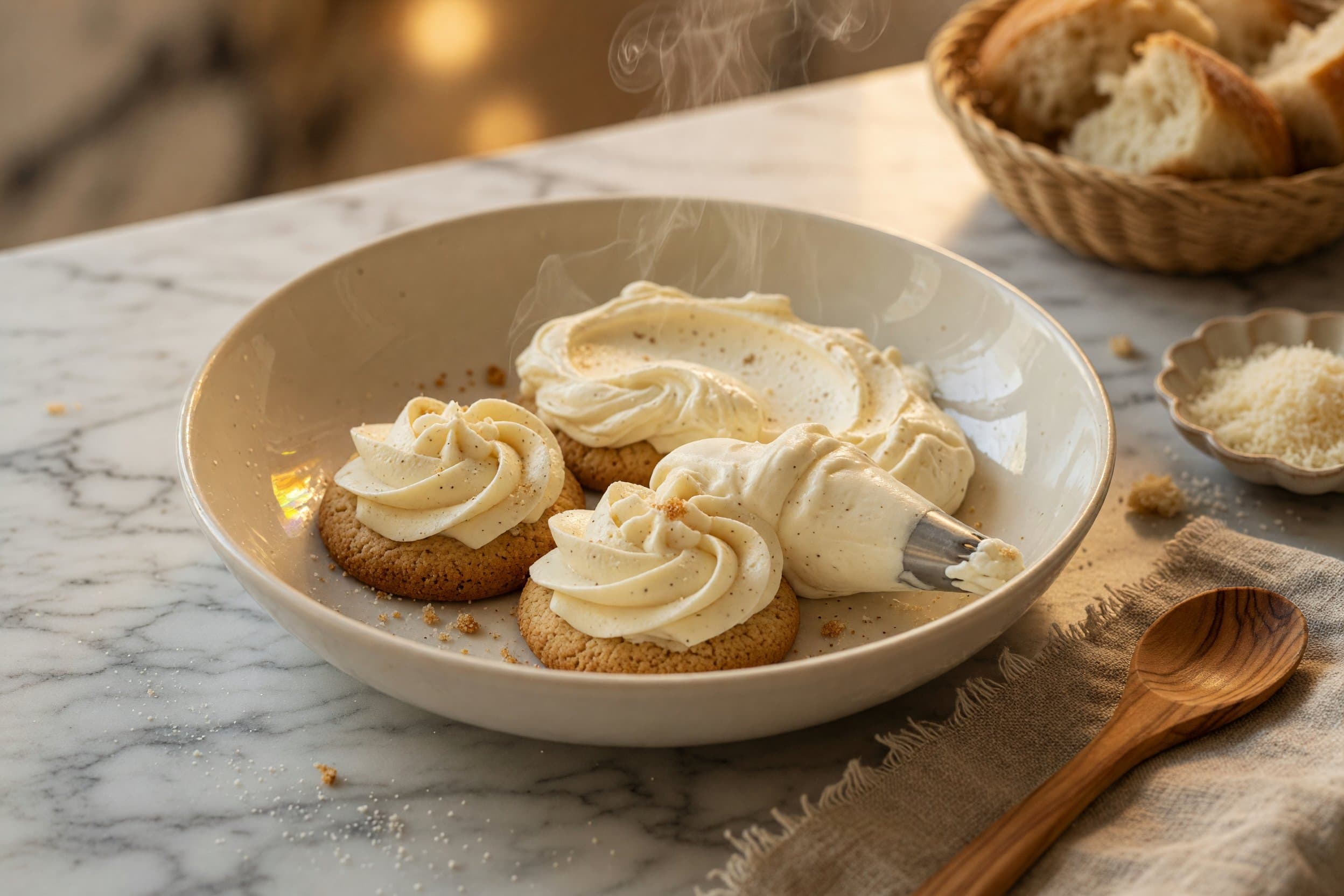 Fold in your room temperature Mascarpone cheese and then add to a piping bag and while preparing Soft Tiramisu Cookies