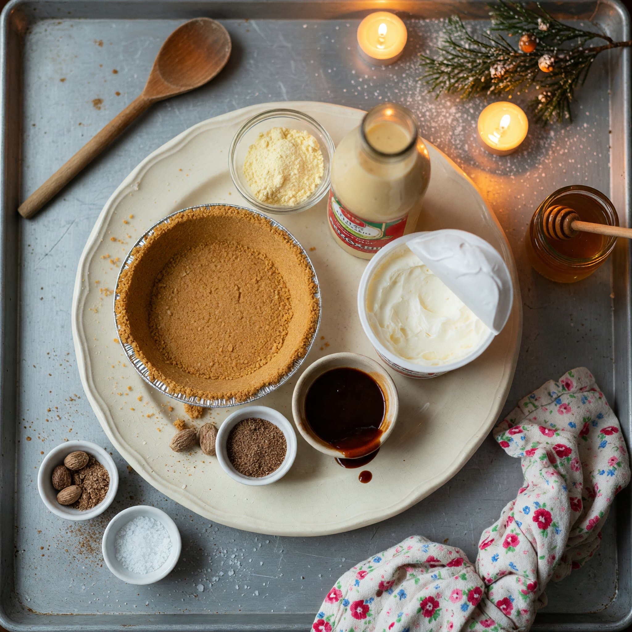 Overhead view of Graham Cracker Pie Crust, Instant Vanilla Pudding, Egg Nog, Whipped Topping and Nutmeg arranged on a table