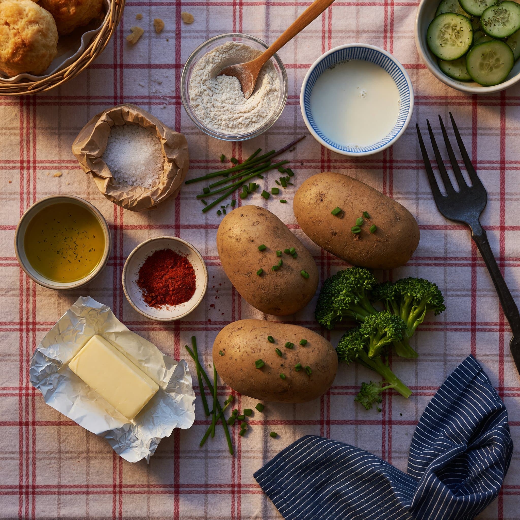Overhead view of Russet Potatoes, Olive Oil, Kosher Salt, Fresh Chives, Unsalted Butter, All-Purpose Flour, Whole Milk and Cayenne Pepper arranged on a table