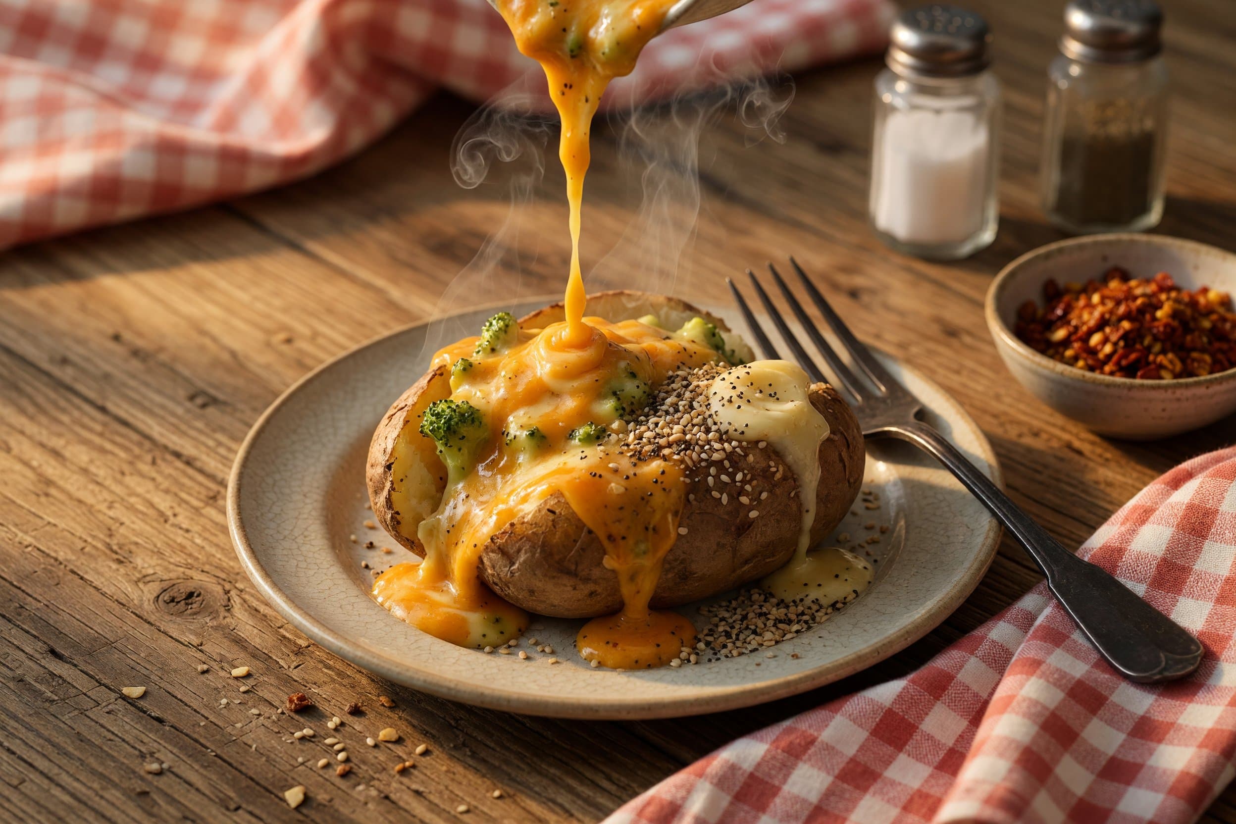 Pour the broccoli cheese sauce over the potatoes and add any additional salt + p while preparing Cheesy Baked Potatoes with Broccoli Cheese Sauce
