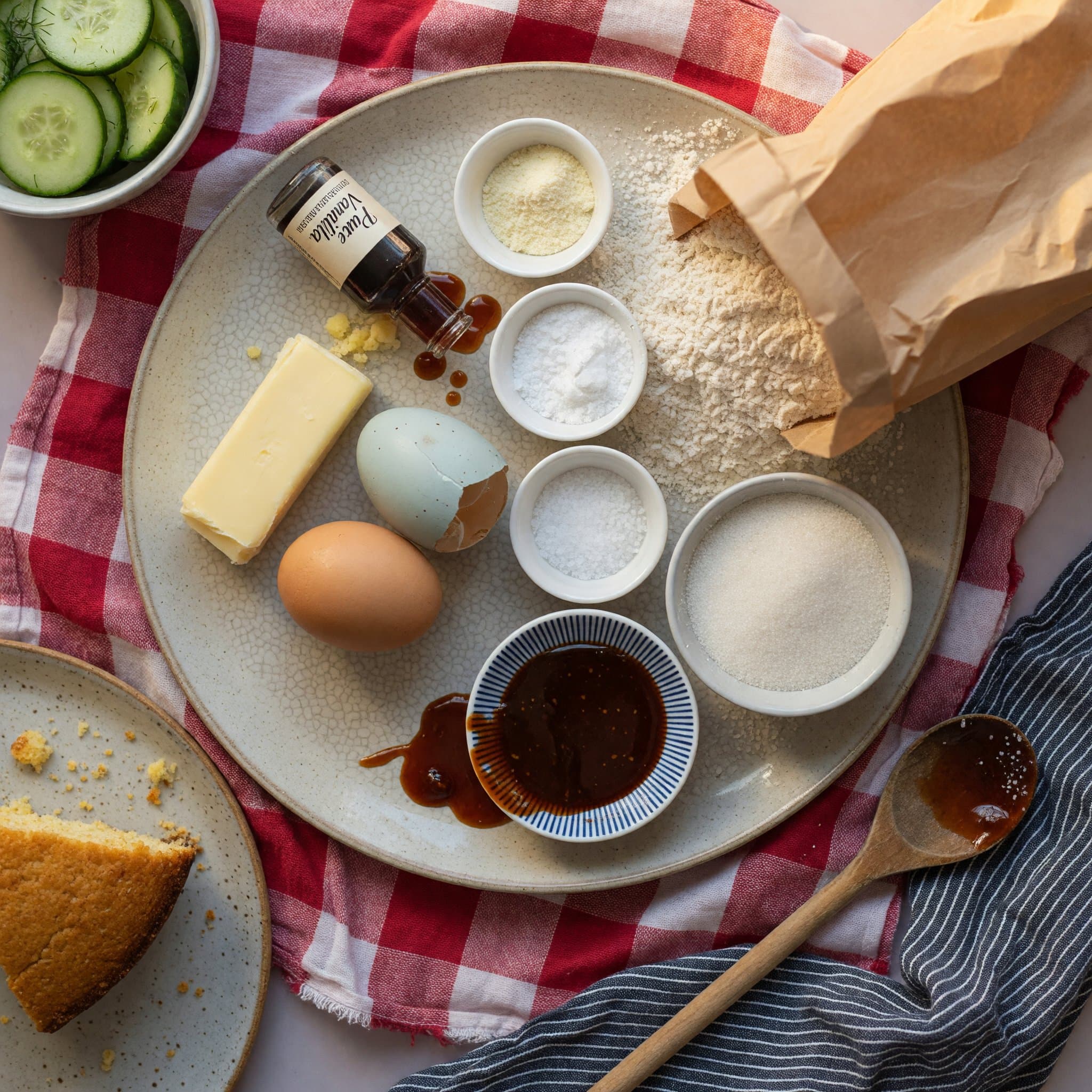 Overhead view of Butter, egg, Vanilla Extract, All-Purpose Flour, Baking Powder, Baking Soda, Salt and Granulated Sugar arranged on a table