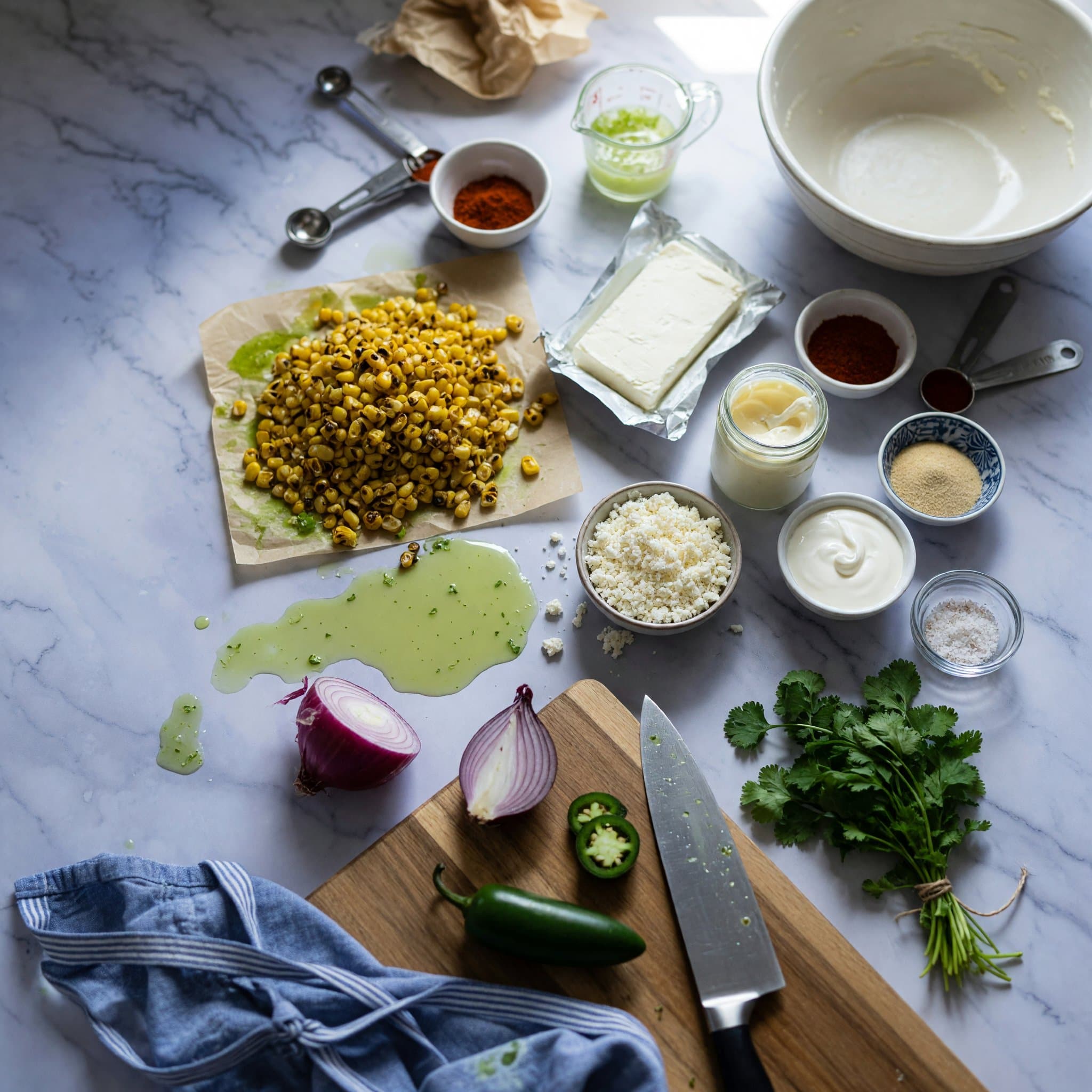 Overhead view of Corn Kernels, Cream Cheese, Mayonnaise, Sour Cream, Cotija Cheese, JalapeñO, Red Onion and Garlic Powder arranged on a table