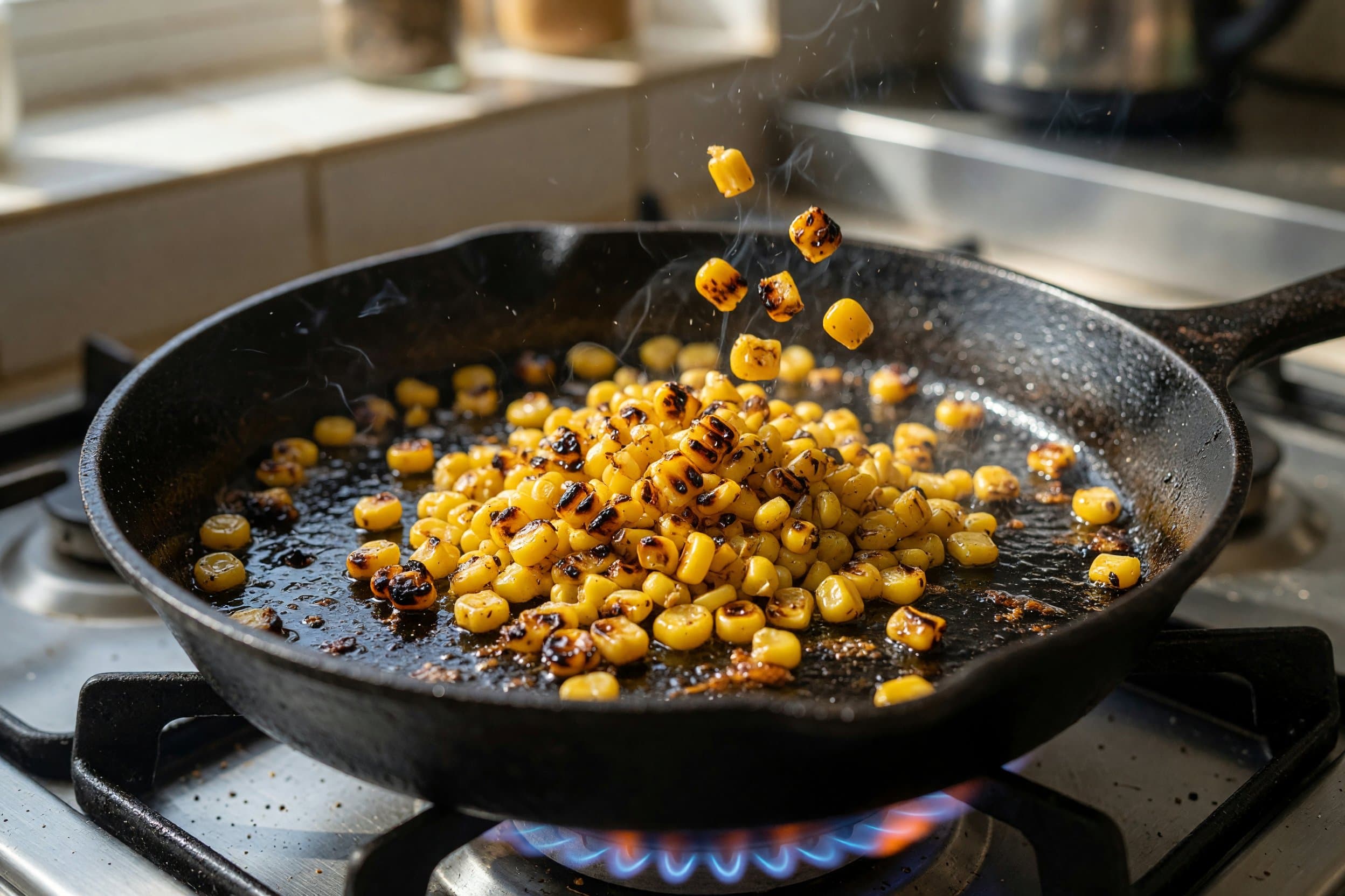 Searing corn kernels while preparing Best Mexican Street Corn Dip