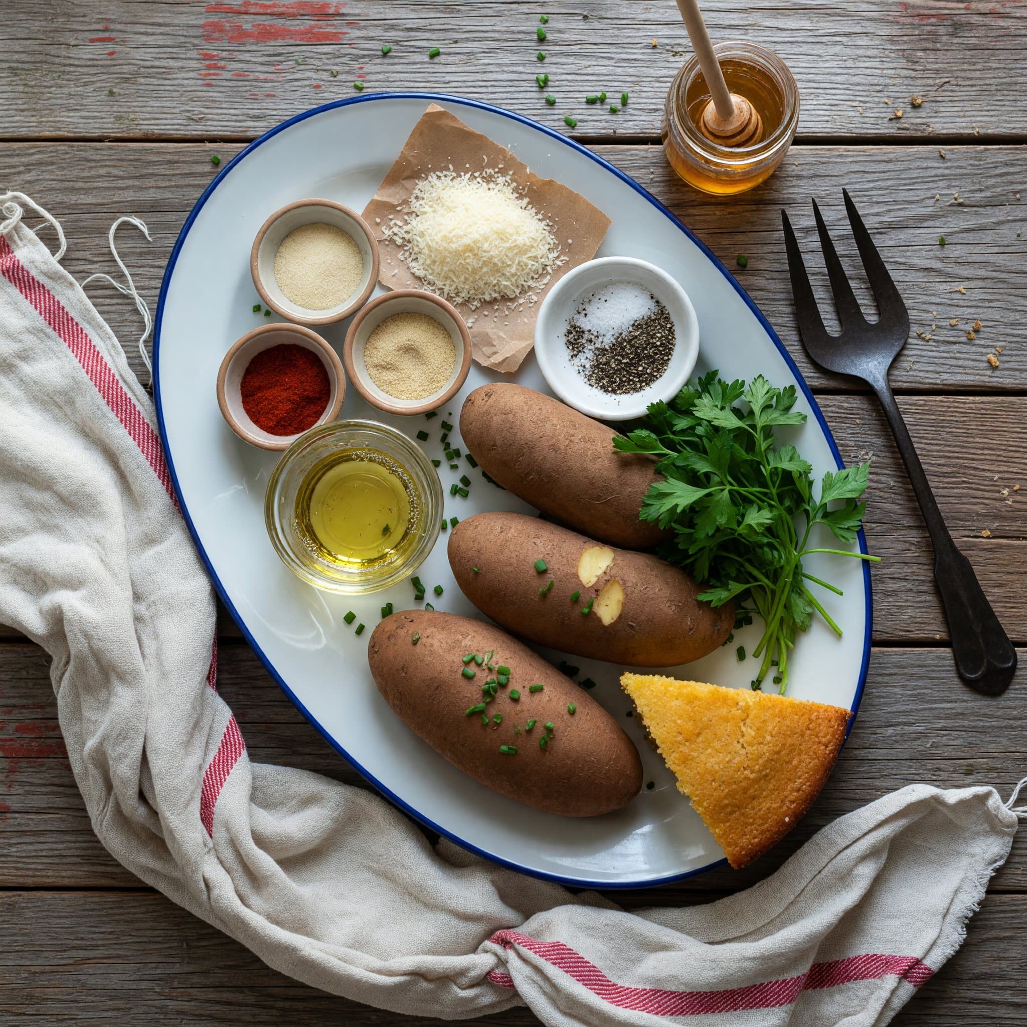 Overhead view of russet potatoes (large), Avocado Oil, Garlic Powder, Onion Powder, Paprika, Fresh Parsley, Parmesan Cheese and Salt & Pepper arranged on a table