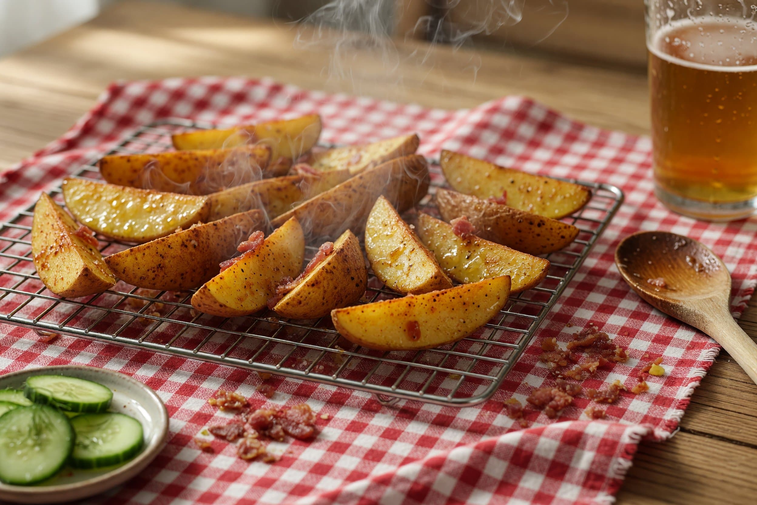 Pre heat your air fryer to 385°F and evenly space out your potatoes (you may nee while preparing The BEST & Easiest Potato Wedges