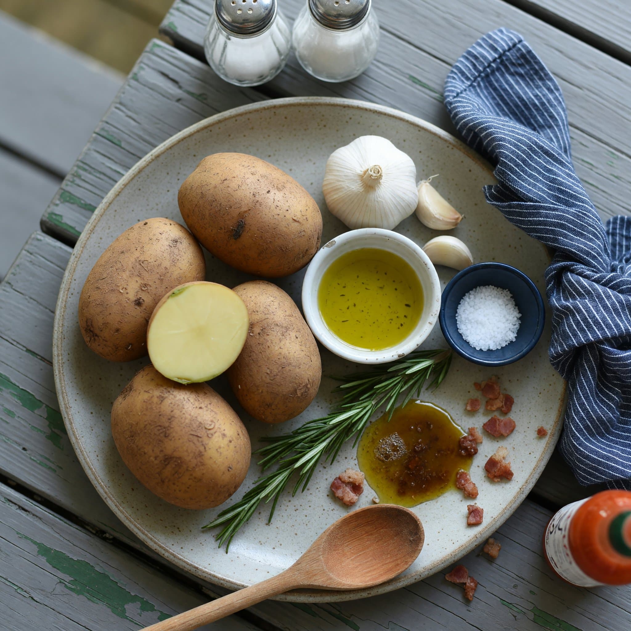 Overhead view of Russet Potatoes, Extra Virgin Olive Oil, full head of garlic, Salt and Fresh Rosemary arranged on a table