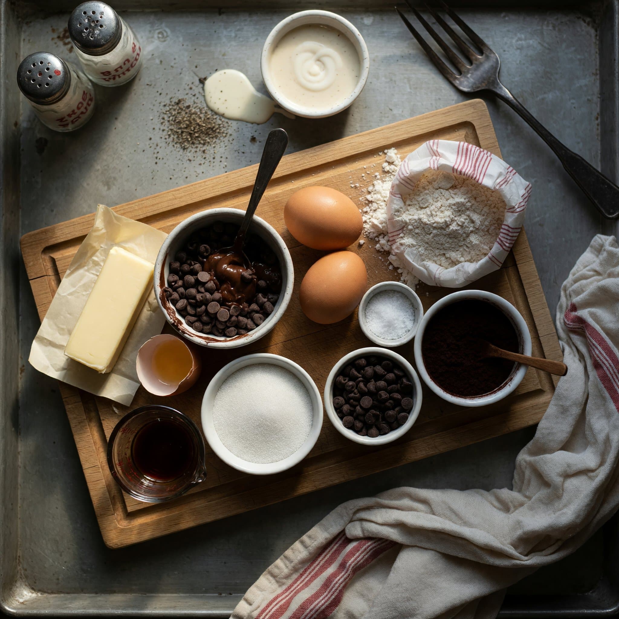 Overhead view of Butter, Granulated Sugar, eggs (large), Vanilla Extract, chocolate chips (melted ), All-Purpose Flour, Unsweetened Cocoa Powder and Salt arranged on a table