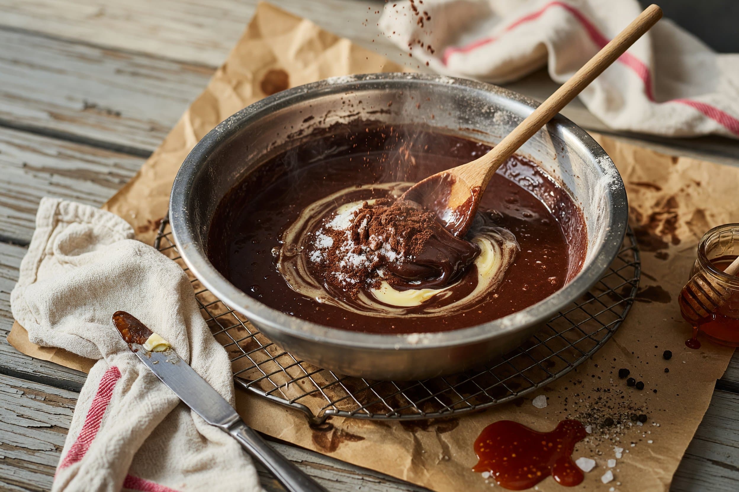 Add in your coco powder, flour, & salt and mix well while preparing The BEST Fudgy Brownies