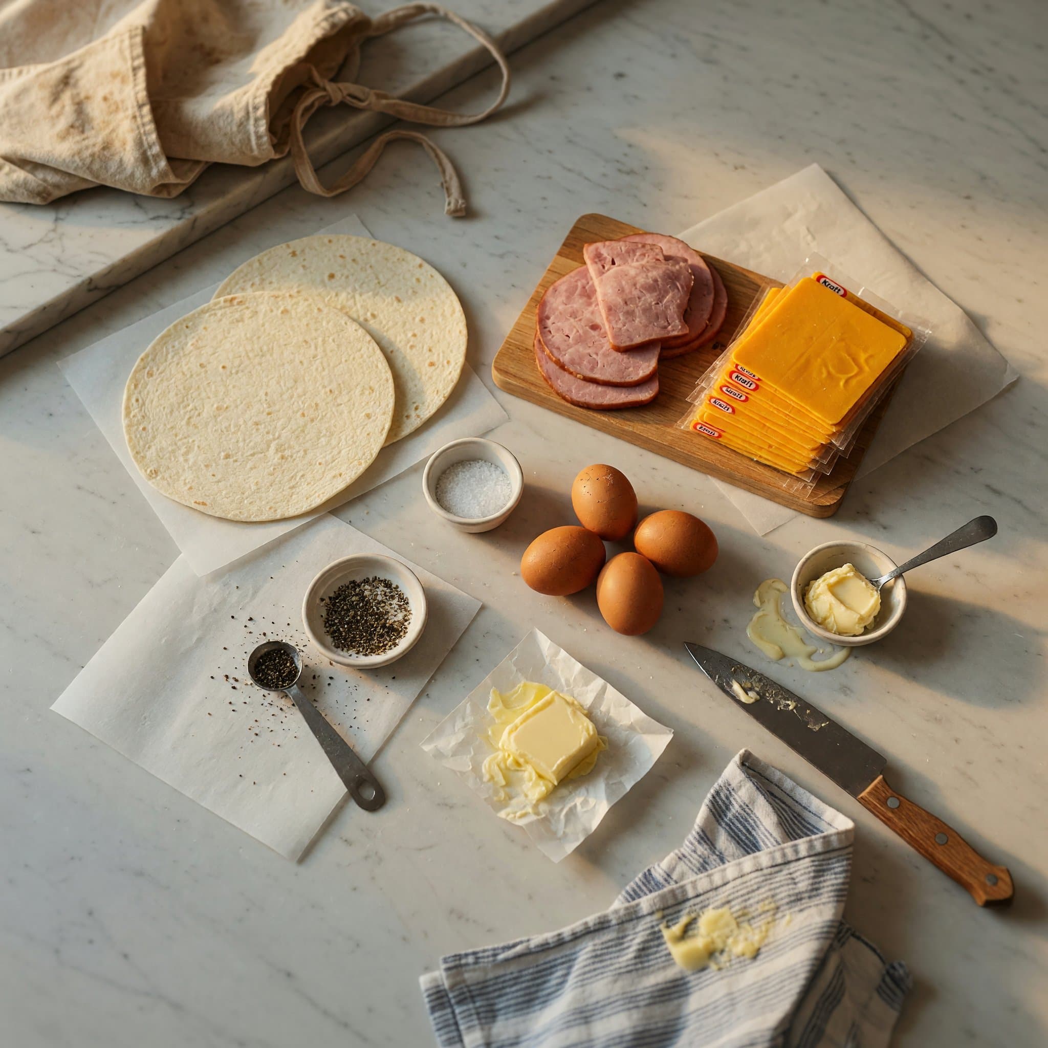 Overhead view of Tortillas, Eggs, Kraft Cheese, Breakfast Ham, Salt, Black Pepper and Butter arranged on a table