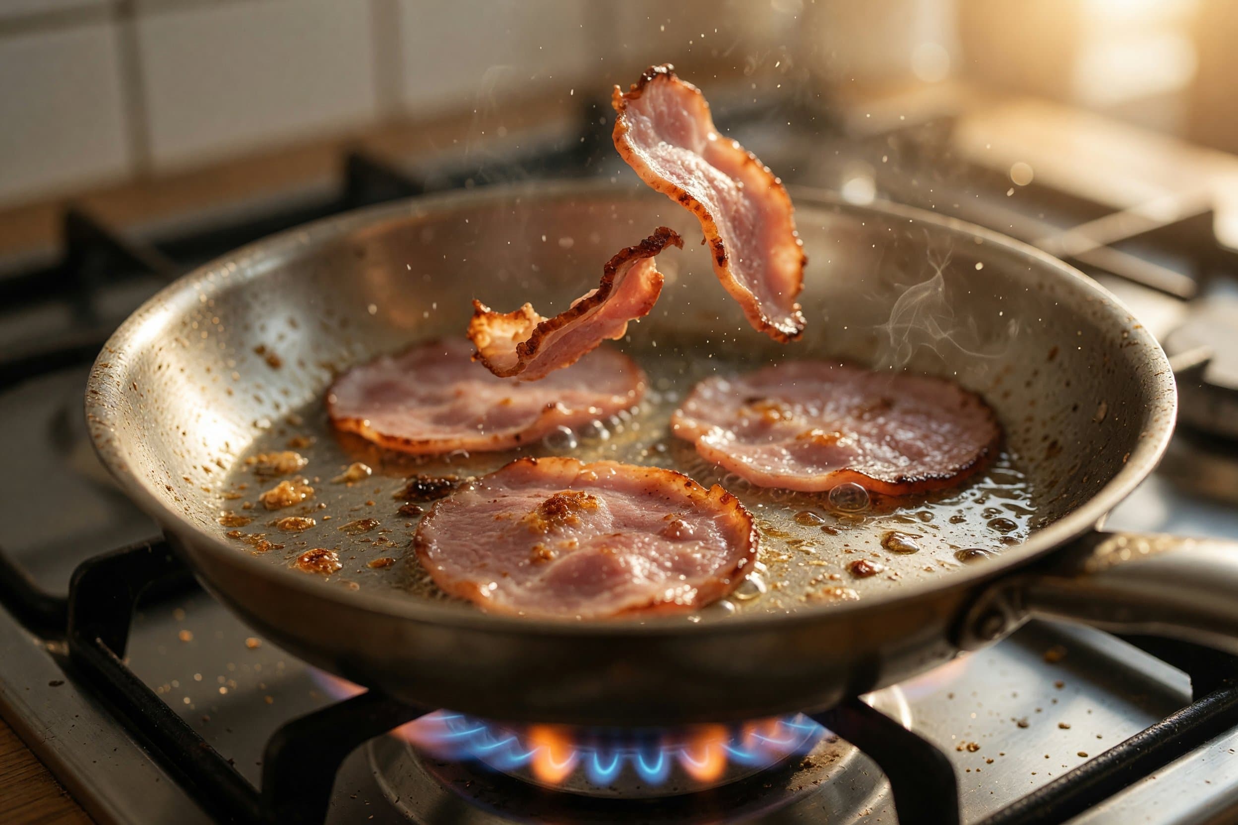 Searing breakfast ham while preparing Ham Egg & Cheese Breakfast Crunchwraps