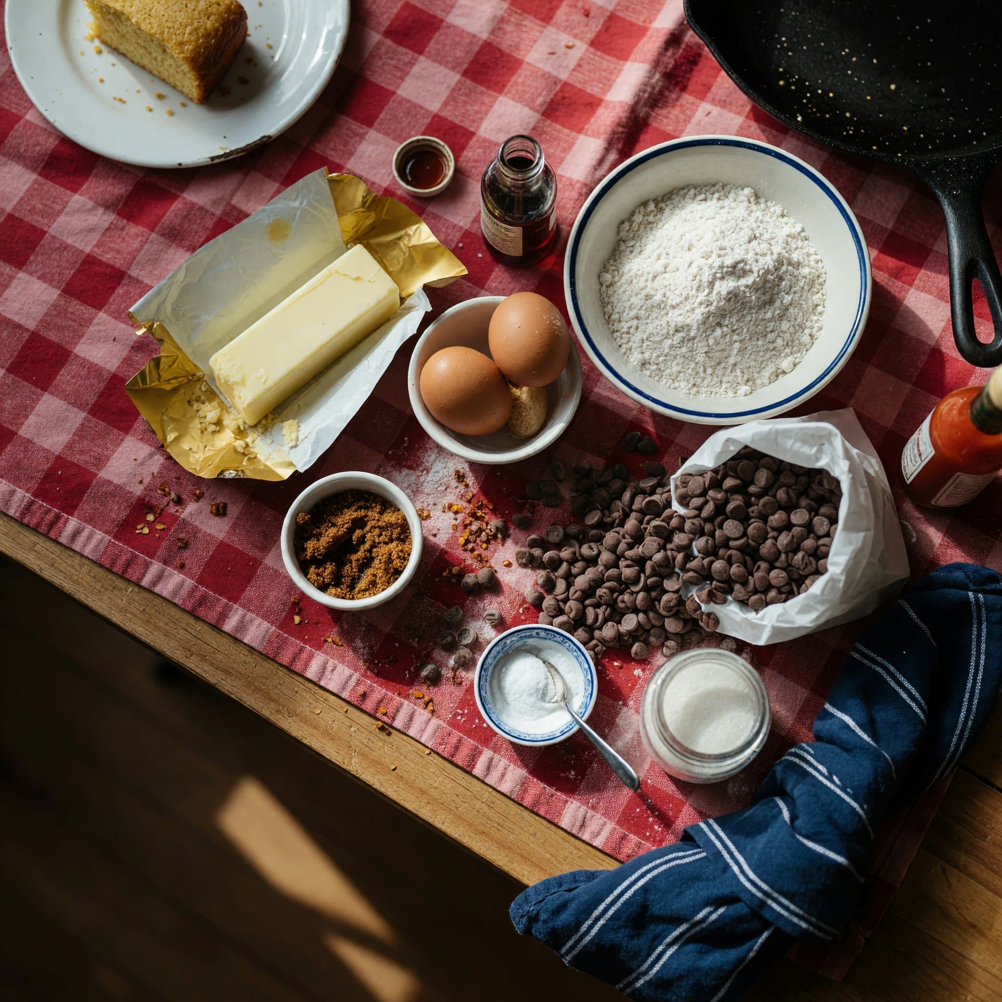 Overhead view of Butter, eggs, Vanilla Extract, All-Purpose Flour, Milk Chocolate Chips, Granulated Sugar, + 2tbsp brown sugar and Baking Soda arranged on a table
