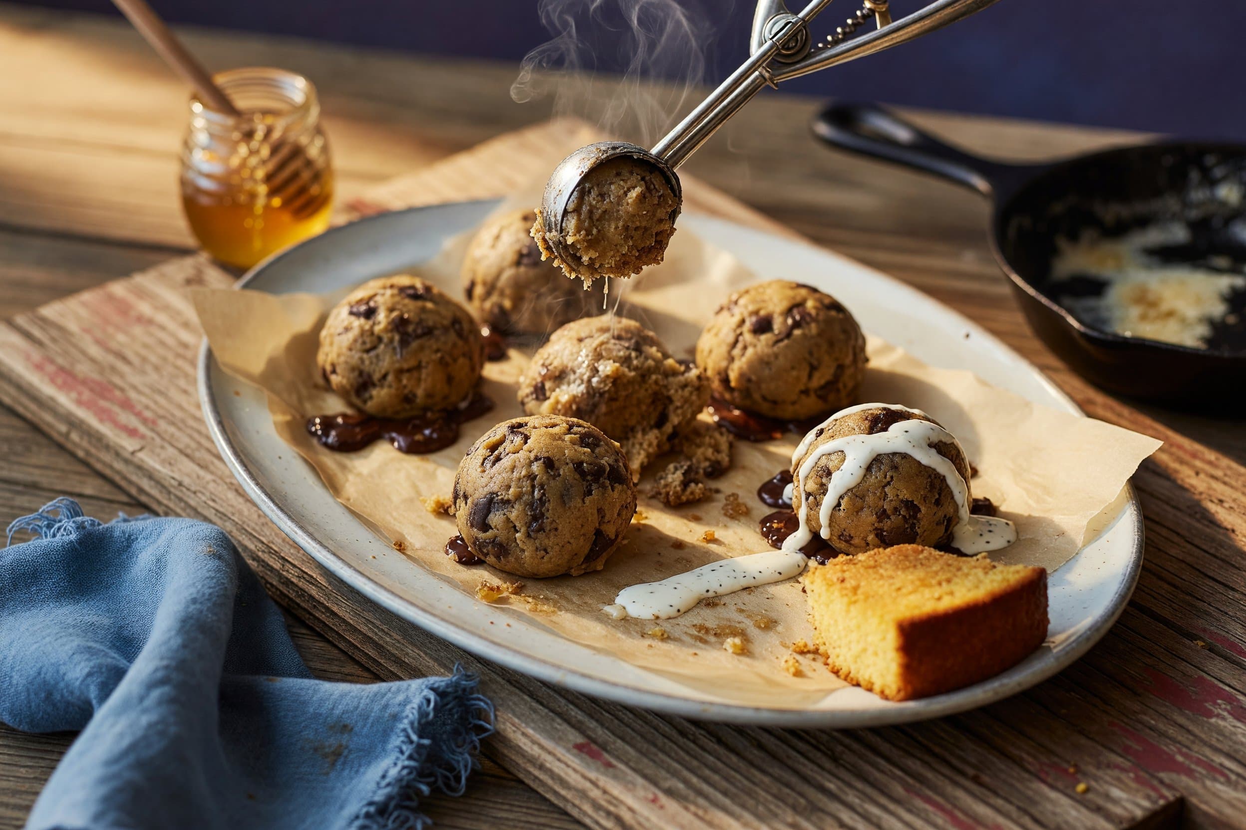 Scoop your cookie dough into small balls (3-4tbsp worth) and then place on a bak while preparing The BEST Brown Butter Chocolate Chip Cookies