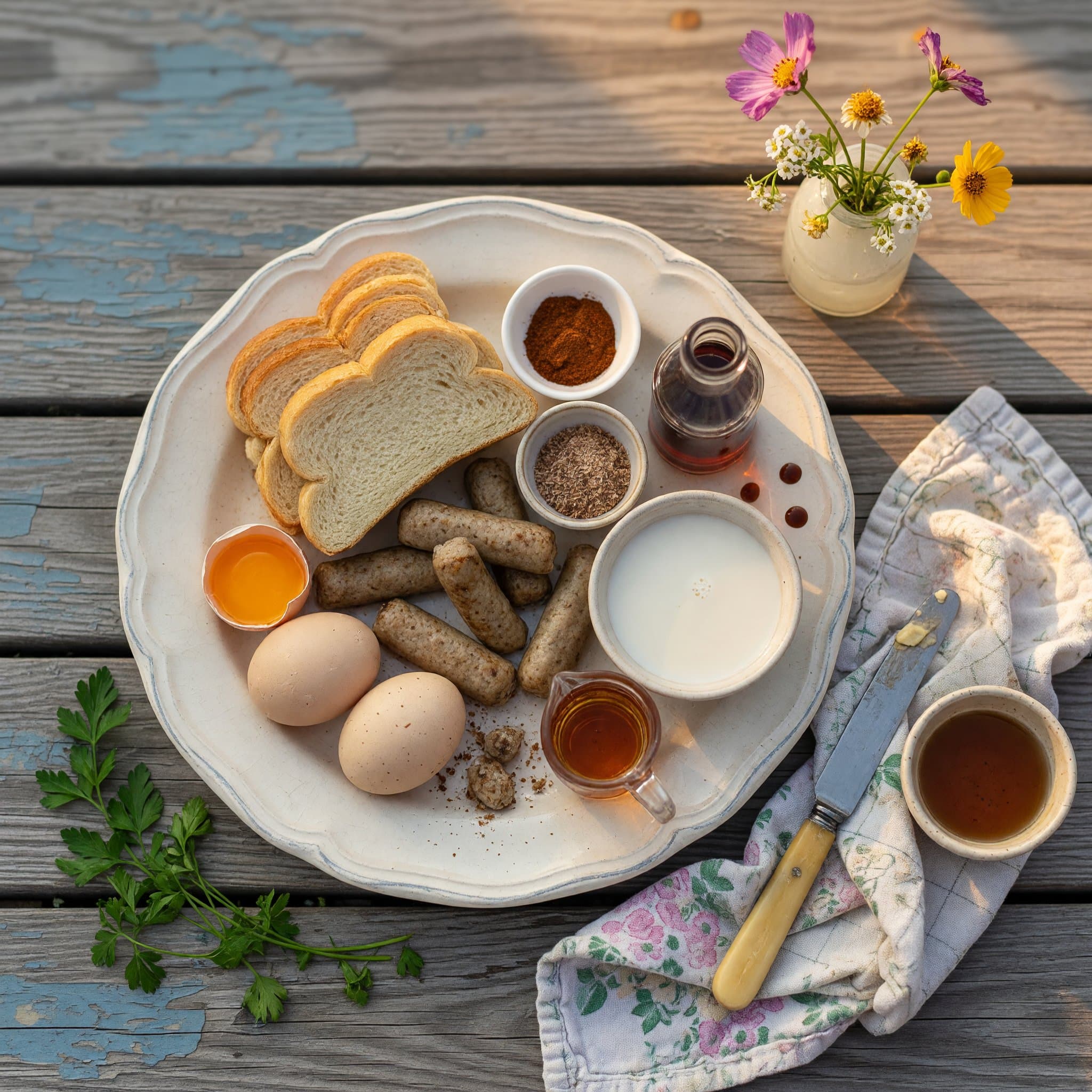 Overhead view of bread of choice, Sausage Links, Eggs, Milk, Cinnamon, Vanilla Extract, Nutmeg and Syrup arranged on a table