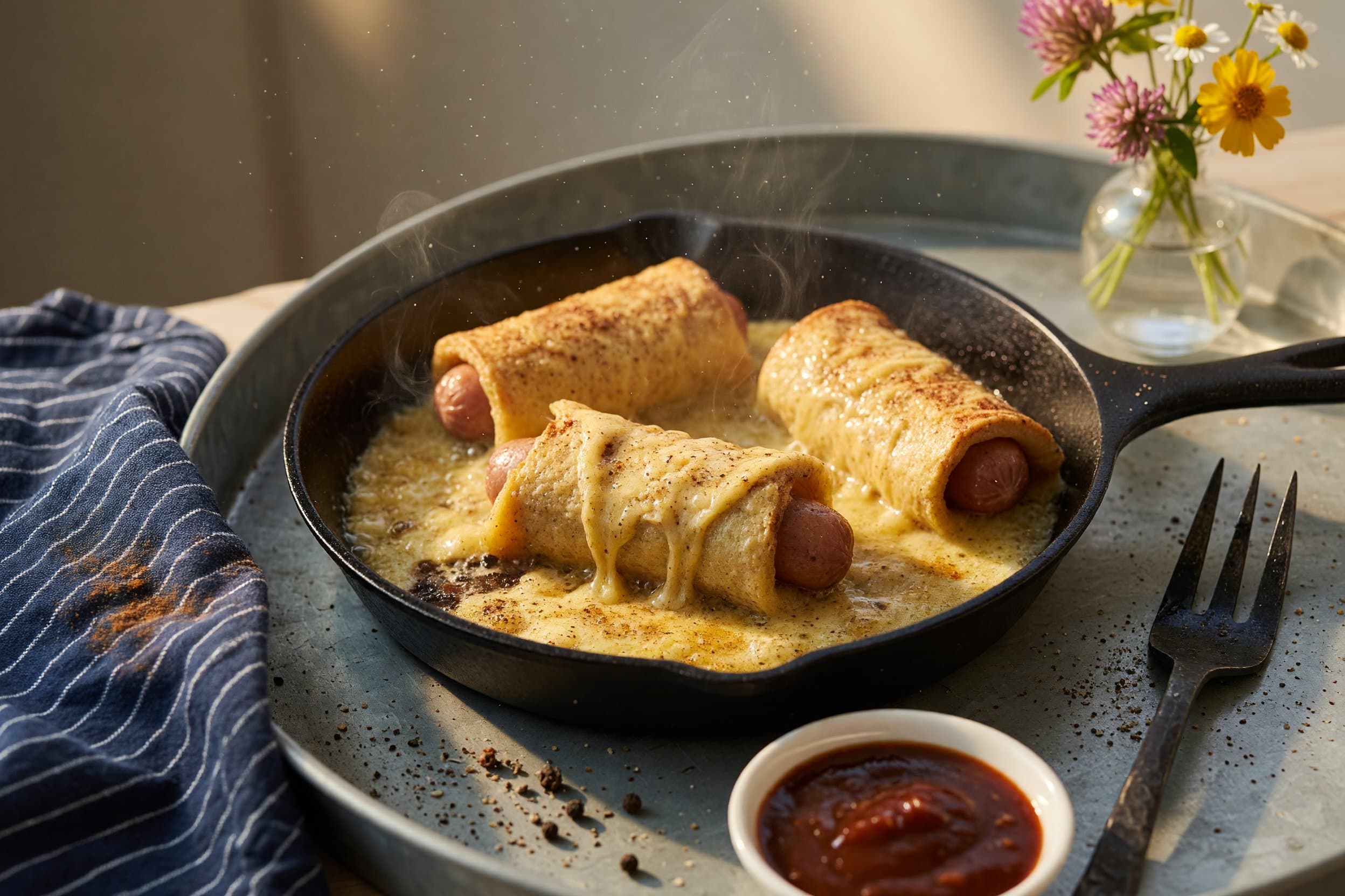 Dredge your roll ups in your French toast mixture and then place on a pan over m while preparing French Toast Sausage Roll Ups