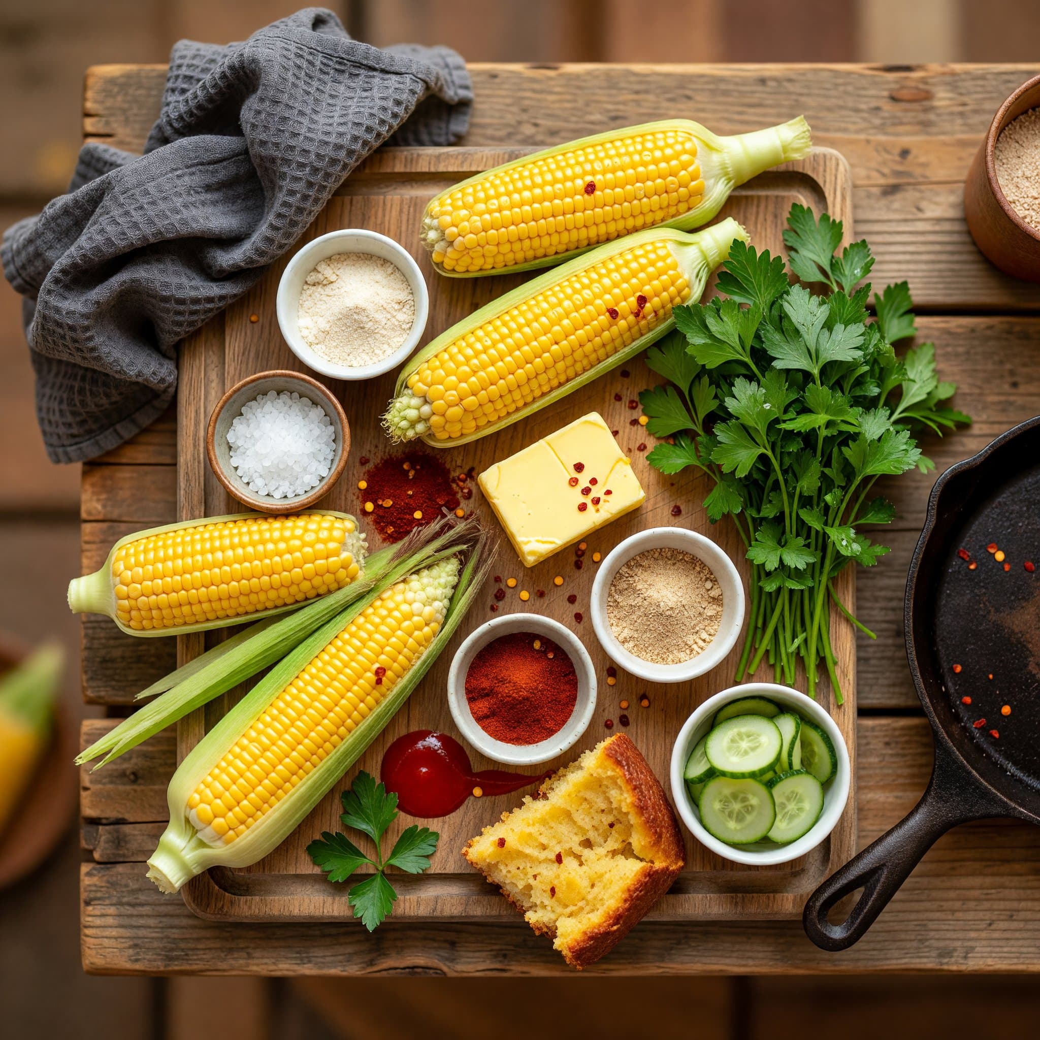 Overhead view of ears of corn, Butter, Garlic Powder, Salt, Paprika, Onion Powder and Fresh Parsley arranged on a table