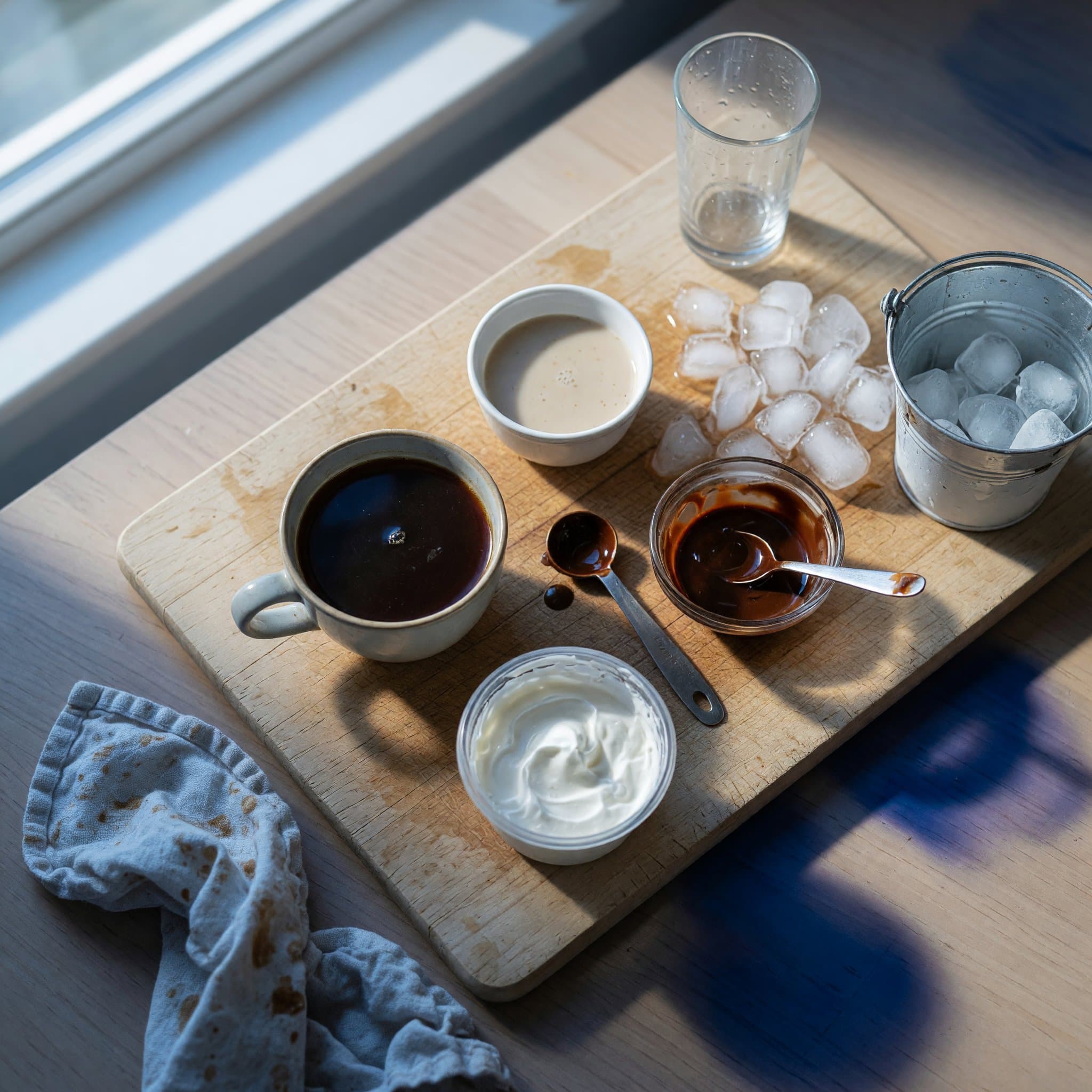 Overhead view of Brewed Coffee, Whipped Topping, Chocolate Syrup, Creamer and Ice Cubes arranged on a table