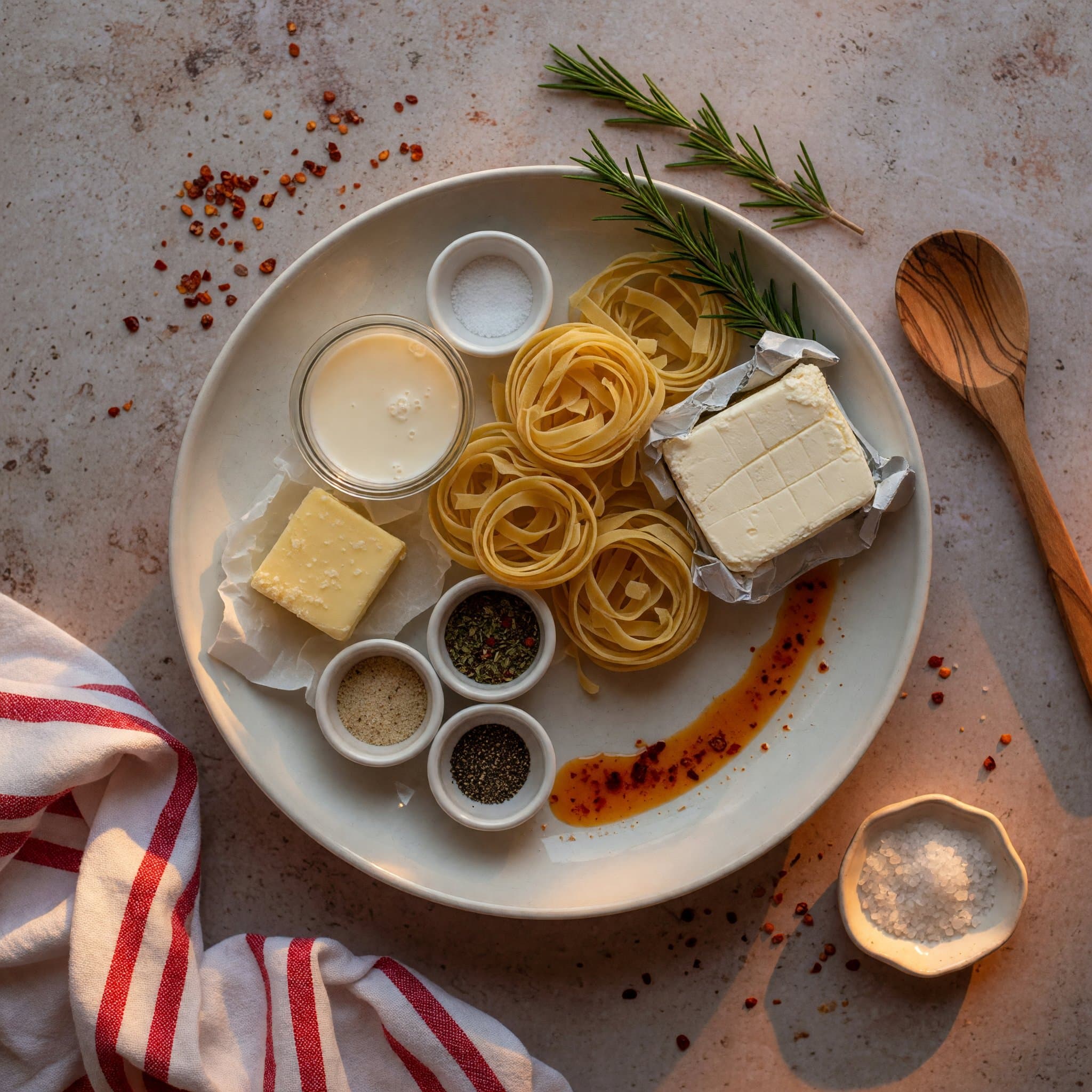Overhead view of Fettuccine, Cream Cheese, Butter, Heavy Cream, Garlic Powder, Italian Seasoning, Salt and Black Pepper arranged on a table