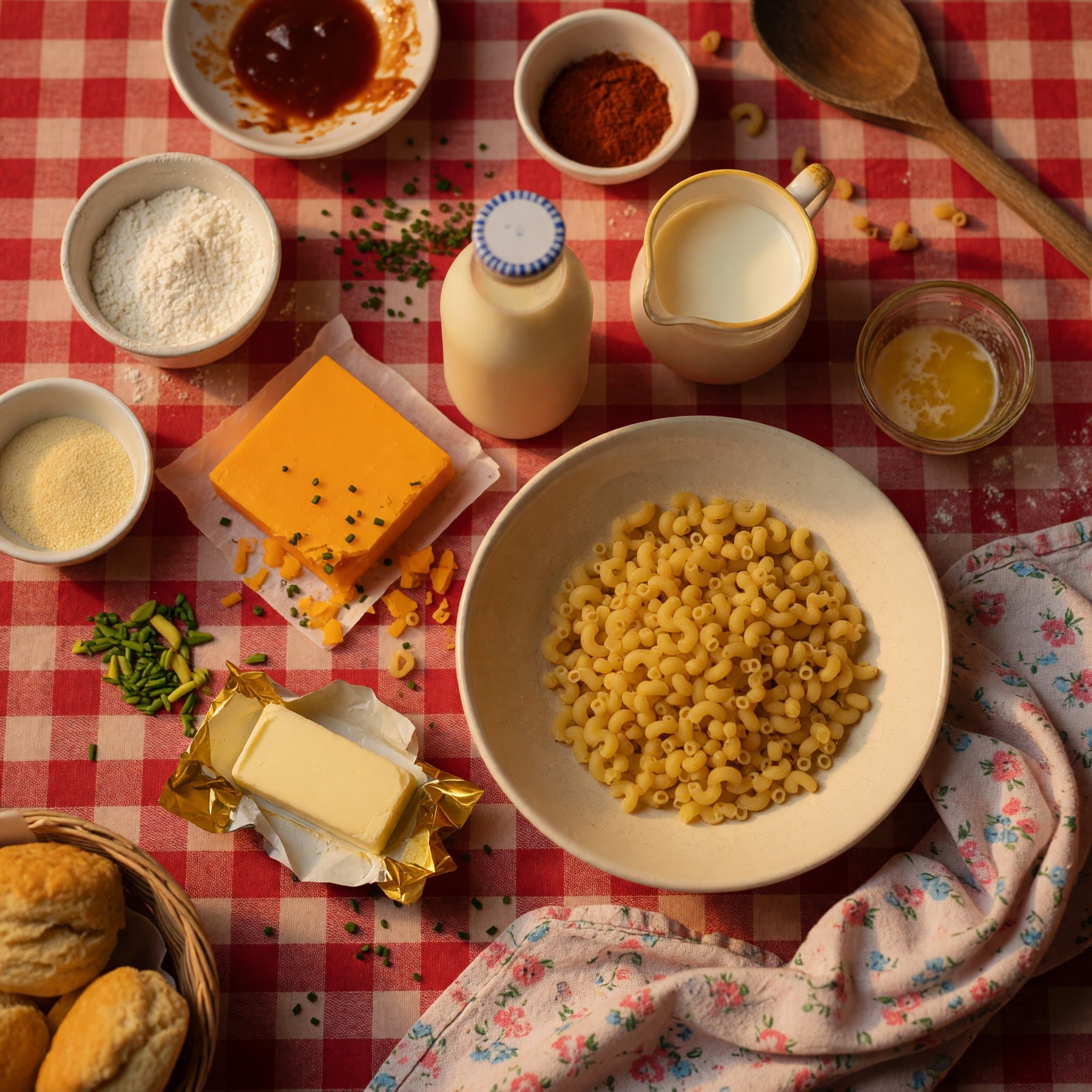 Overhead view of Pasta, Milk, Heavy Cream, Cheddar Cheese, Butter, All-Purpose Flour, Garlic Powder and Paprika arranged on a table