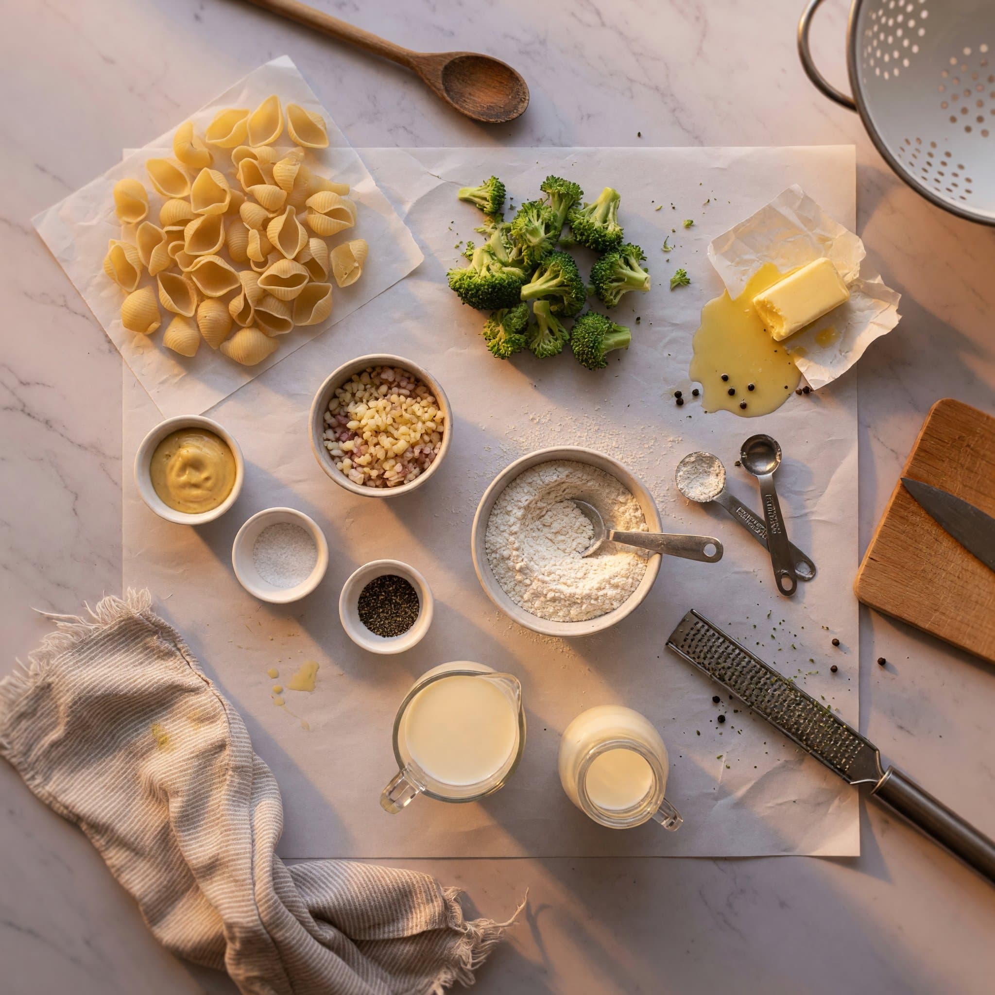 Overhead view of Pasta Shells, Unsalted Butter, Garlic, Shallot, All-Purpose Flour, Whole Milk, Half Half and Dijon Mustard arranged on a table
