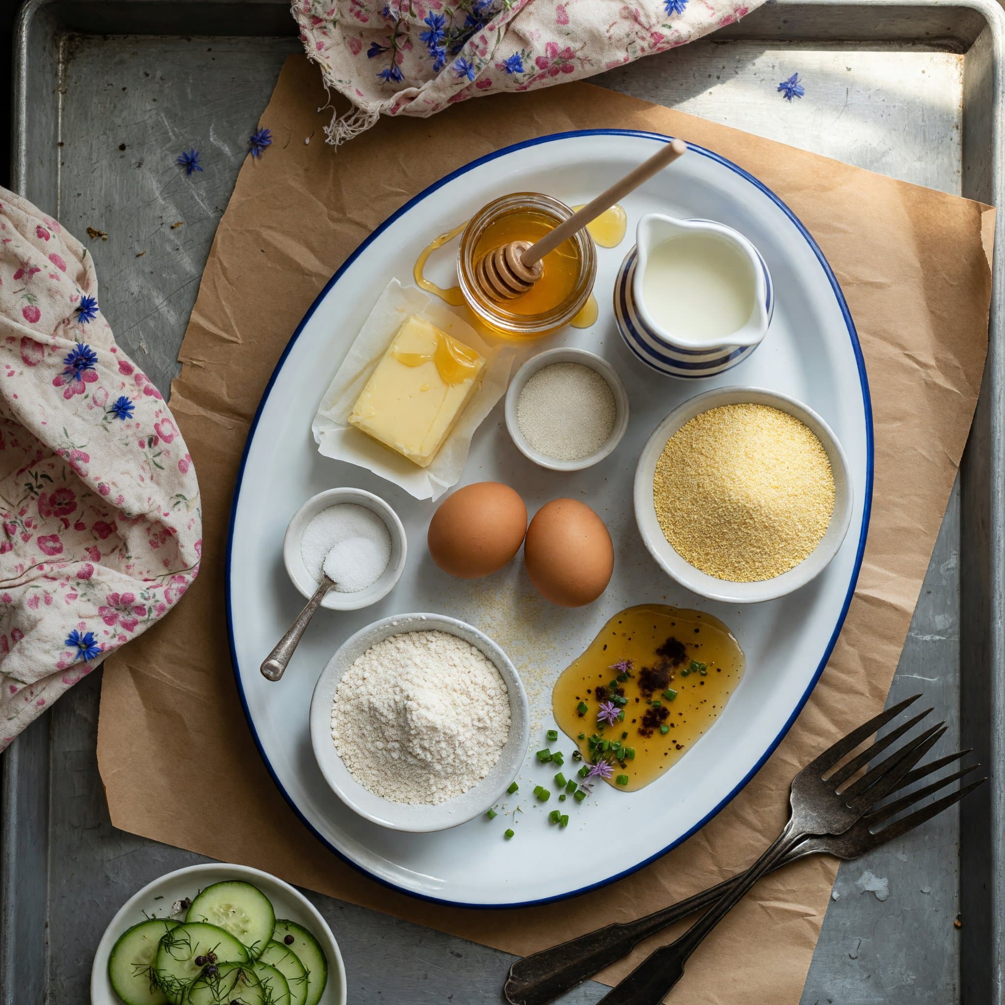 Overhead view of Honey, Butter, Granulated Sugar, Eggs, Buttermilk, Cornmeal, All-Purpose Flour and Baking Soda arranged on a table