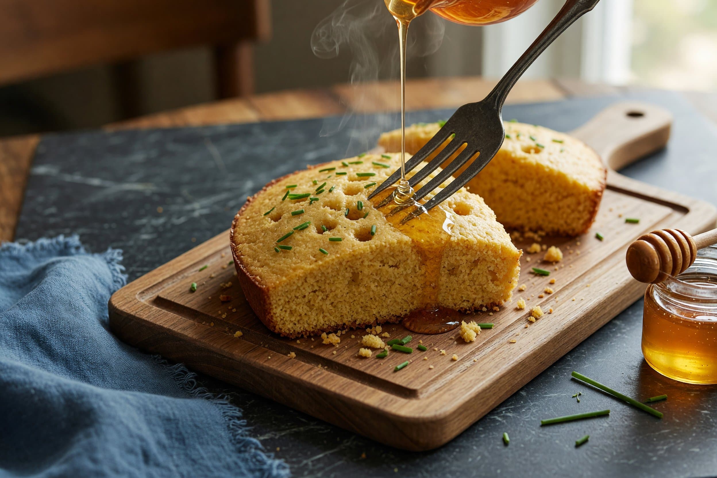 Once the cornbread is fully baked, using a fork poke a bunch of little holes in while preparing Honey Butter Infused Corn Bread