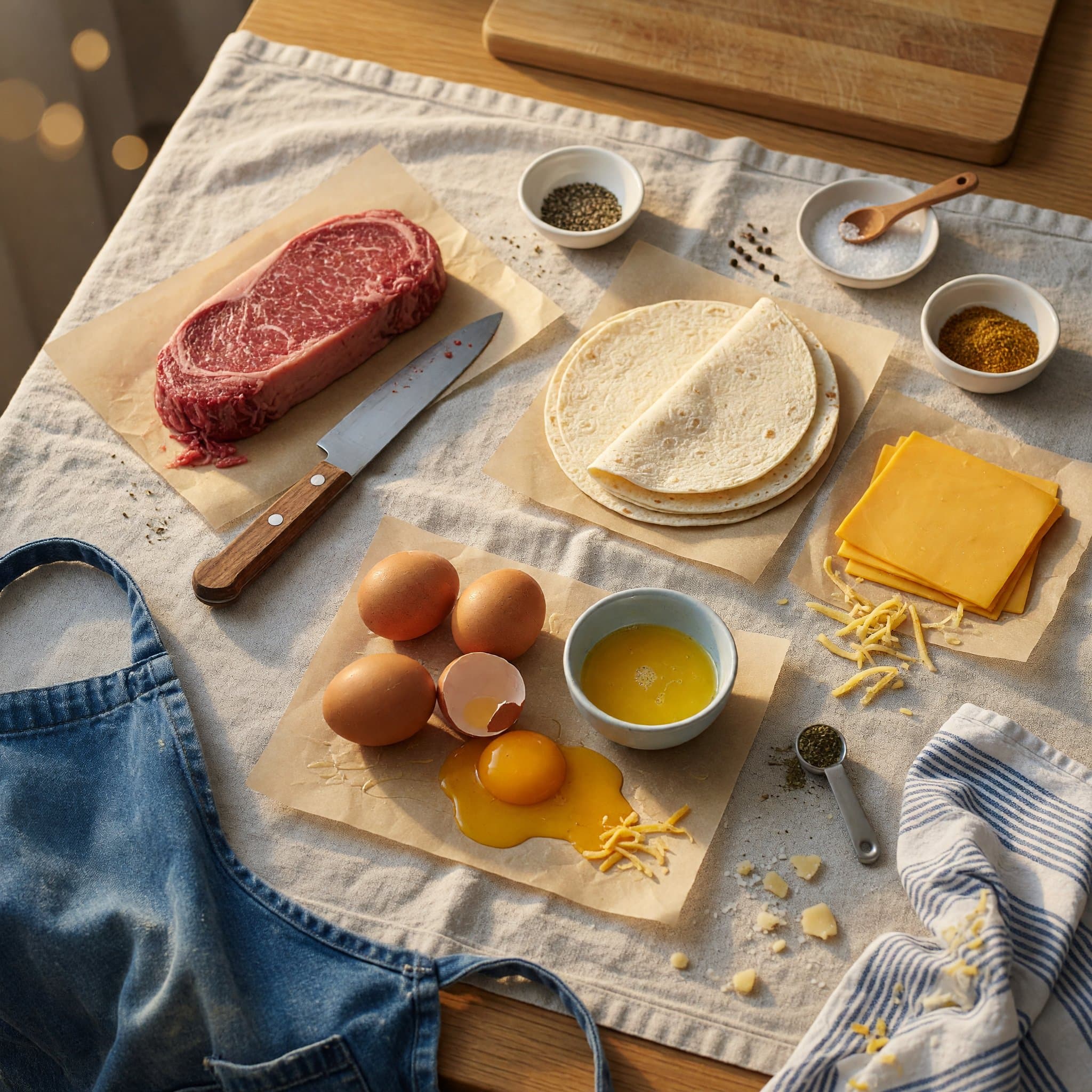 Overhead view of Tortillas, Eggs, Cheese and New York Strip Steak arranged on a table