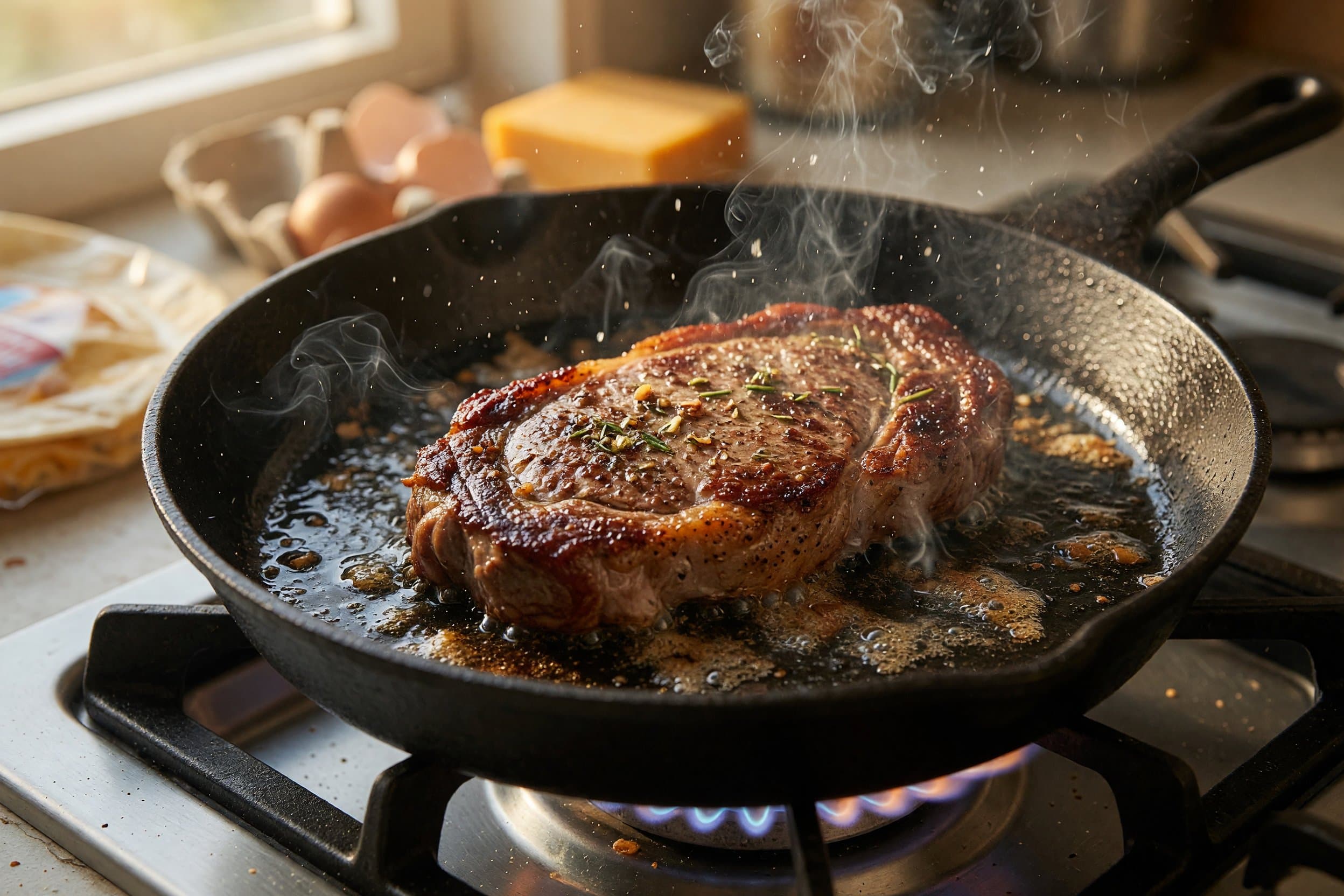 Searing New York Strip Steak while preparing Steak, Egg & Cheese Breakfast Crunchwraps!